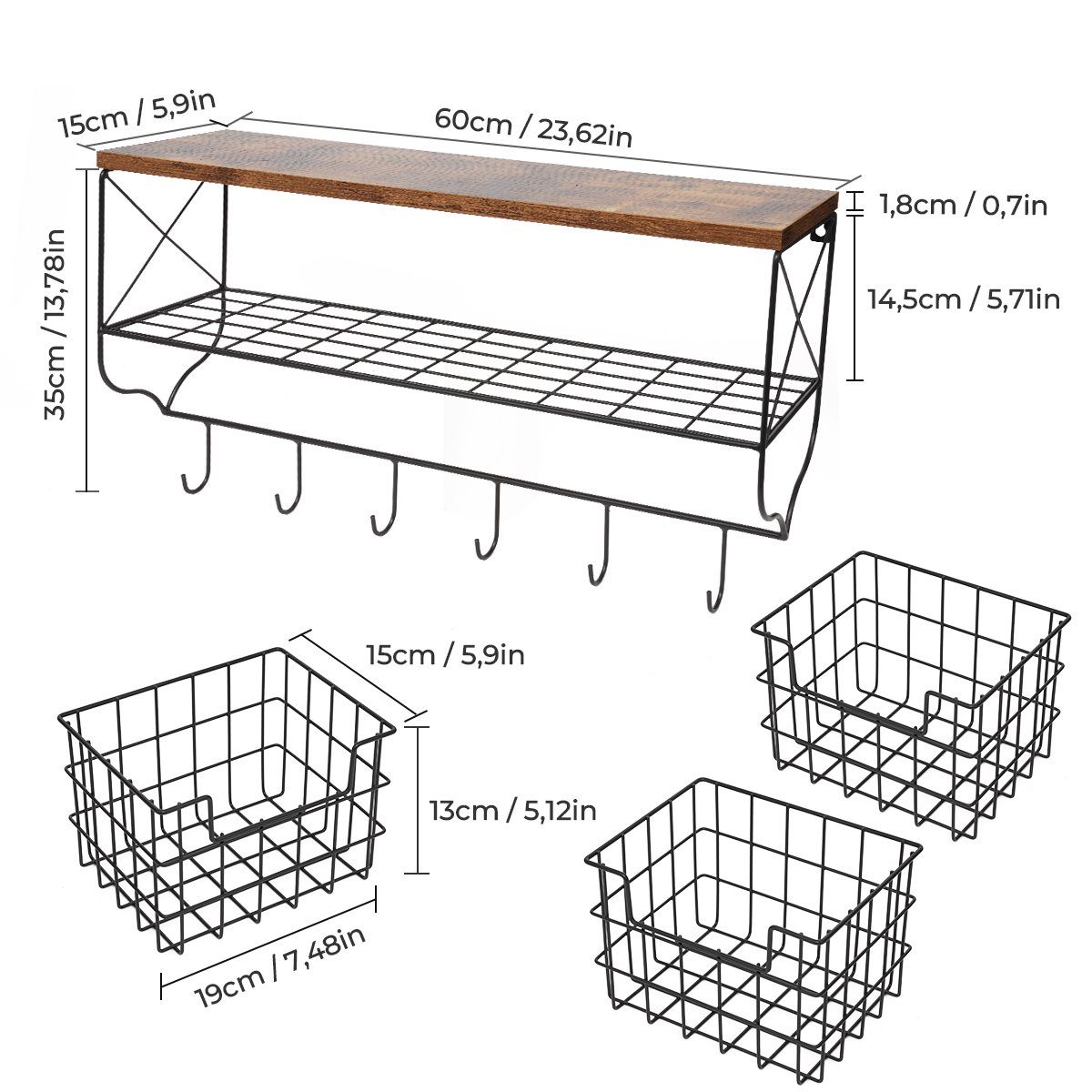 drei 7Magic Haken, Körben, Mit Handtuchhalter, Für Badezimmer, Wandgarderobe, 6 Wandregale, mit Küche, Wohnzimmer Wand Büro, eingelassenen Garderobenhalter