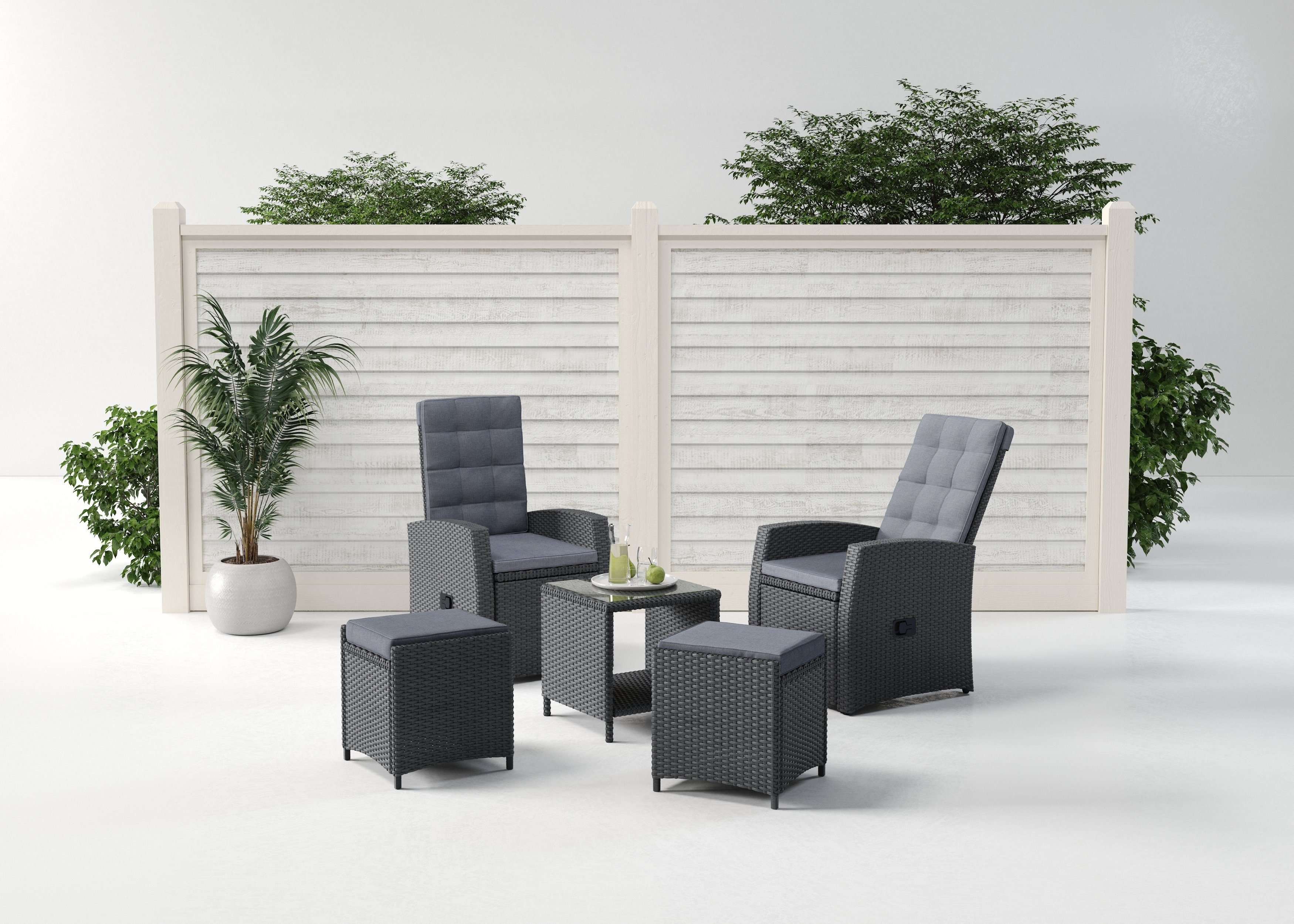 KONIFERA Gartenlounge-Set Paris, (Set, 9-tlg., 2x Sessel, 2x Hocker, 1x Tisch 50x50x51,5 cm, inkl. Schutzhülle), verstellbare Rückenlehne, Polyrattan, Aluminium, inkl. Auflagen