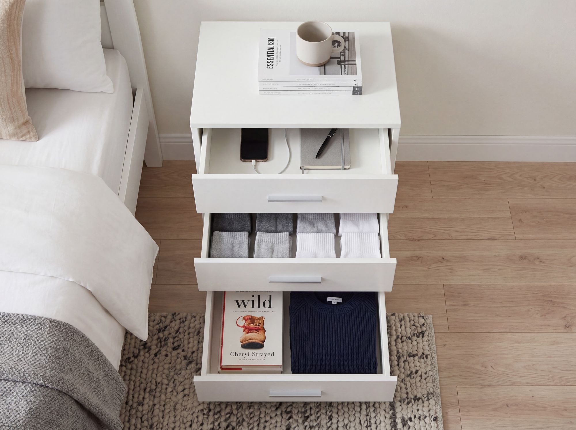 FineBuy Nachtkonsole Boxspringbett FOGGIA mit 3 Schubladen in Holz Modern, B x H x T: 37,5 x 68 x 35 cm, Design Nachtkästchen, Nako - Nachttisch Kommode, Nachts – Bild 5 von 5