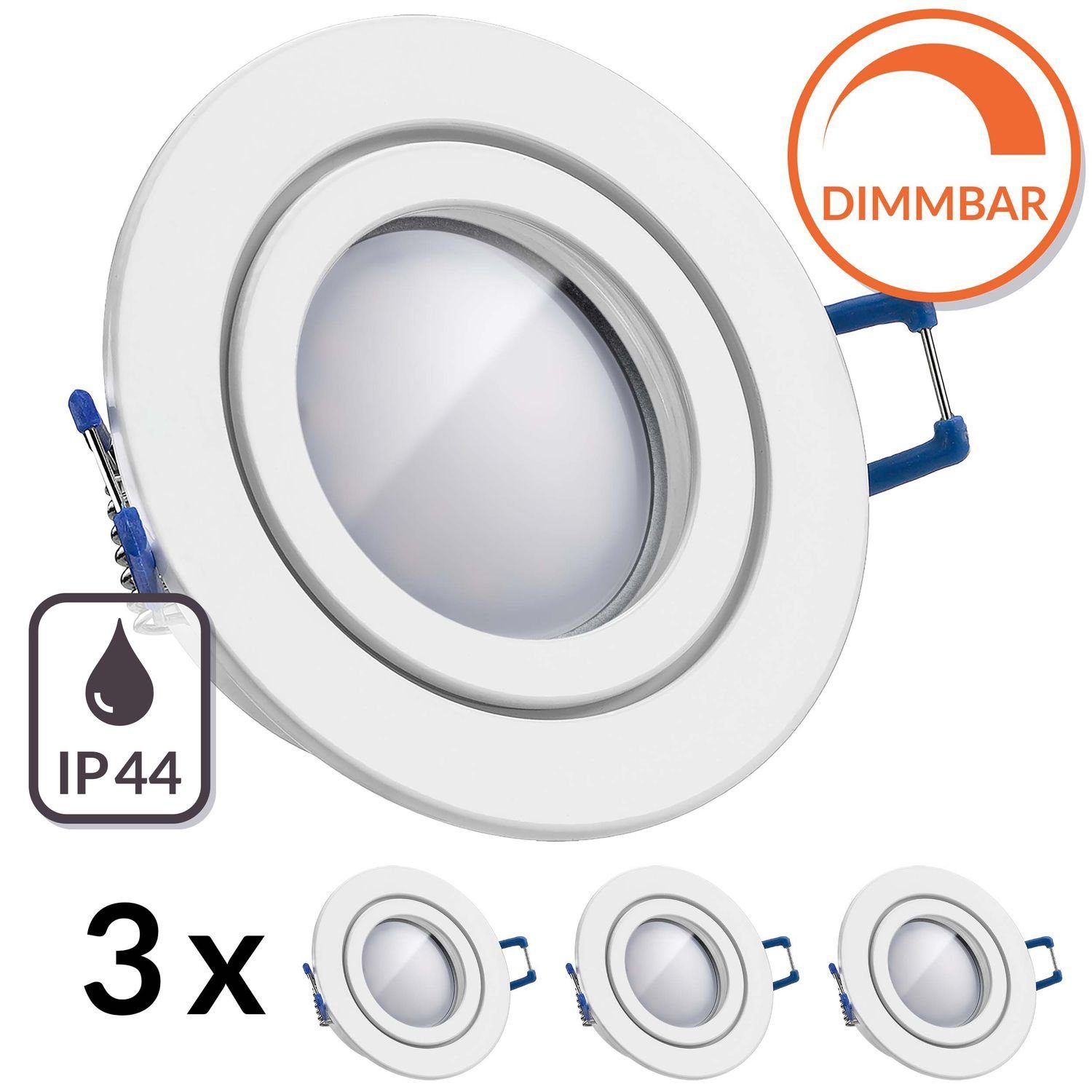 LEDANDO LED Einbaustrahler 3er IP44 LED Einbaustrahler Set EXTRA FLACH (35mm) in Weiß mit LED Mar