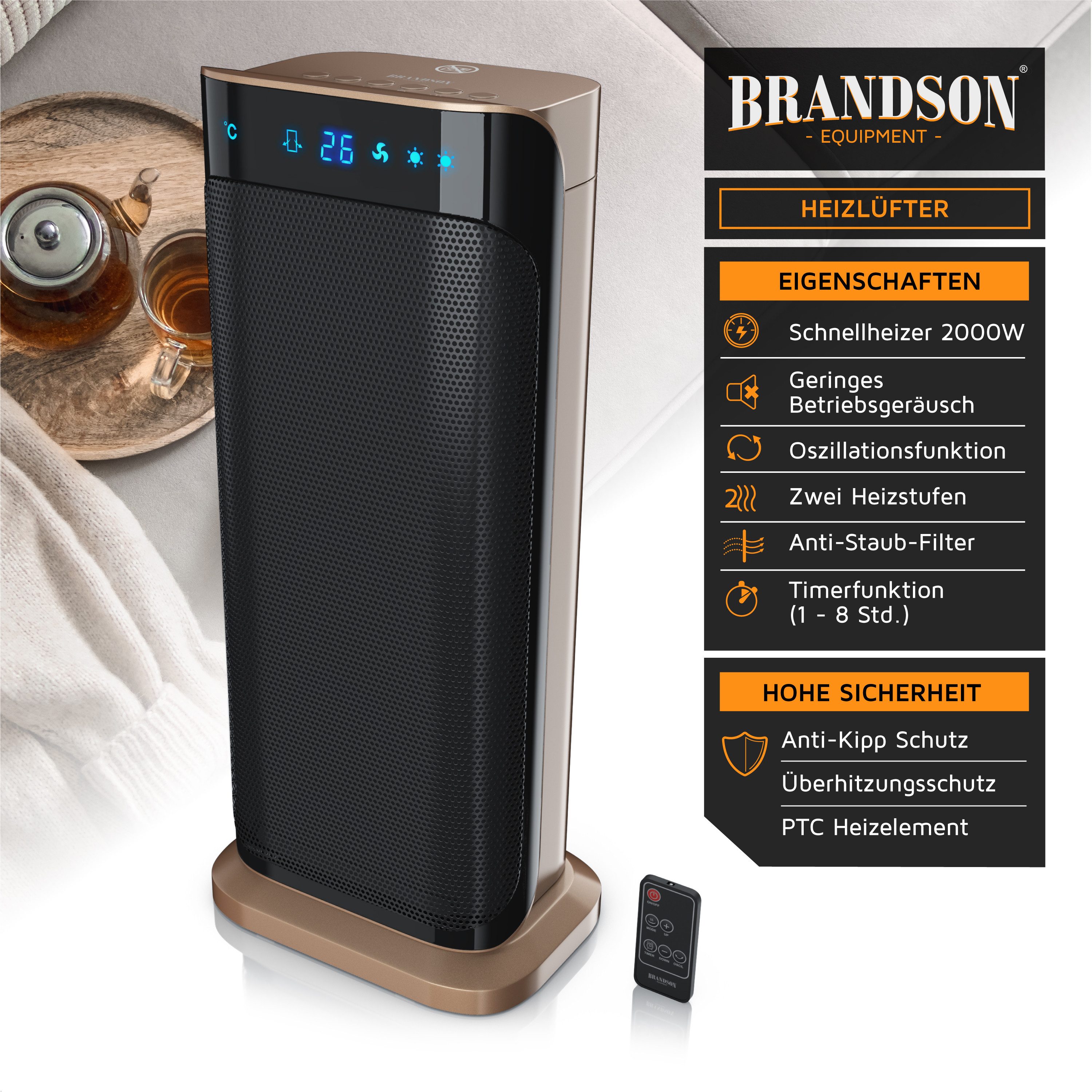 Brandson Heizlüfter Keramik, Fernbedienung, energiesparend, leise, Oszillation, Heizung, 2000 W, Preisträger 2025, GS zertifiziert, Timer, Badezimmer Keramikheizlüfter