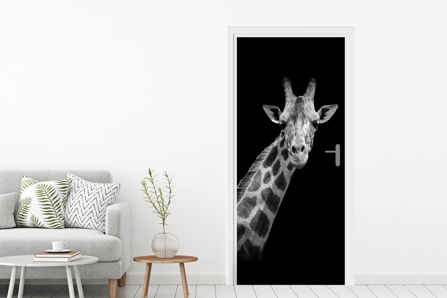 - (1 St), Tür, Matt, cm Türtapete bedruckt, Fototapete Wildtiere 75x205 für Giraffe - Türaufkleber, - MuchoWow Weiß Schwarz - Porträt,