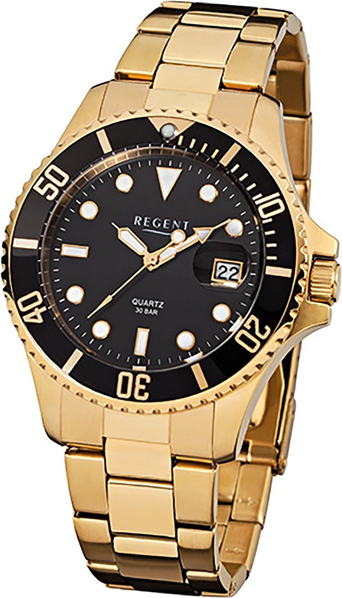 40mm), Regent Herren-Armbanduhr Quarzuhr Armbanduhr Edelstahl, Regent rund, (ca. groß Analog Herren F-370, ionenplattiert gold