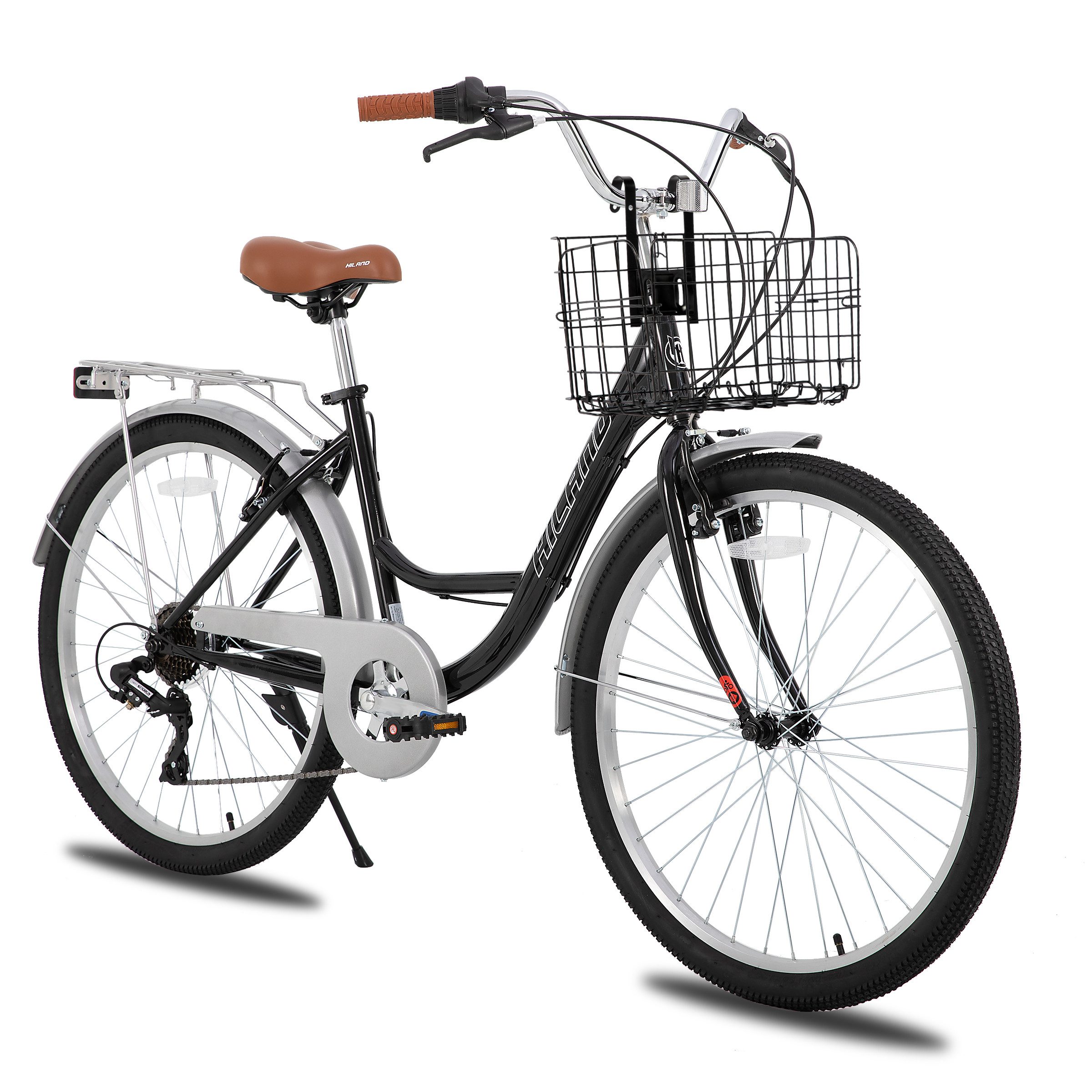 HILAND Cityrad 26 Zoll Pendlerfahrrad für Erwachsene, Herren und DamenHollandfahrrad, Step-Through Rahmen,mit Gepäckträger und Korb, Fender,7 Gang-Schaltung