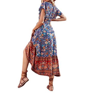 AFAZ New Trading UG Maxirock Langes, bedrucktes Boho-Kleid mit V-Ausschnitt und Schnürung für Damen