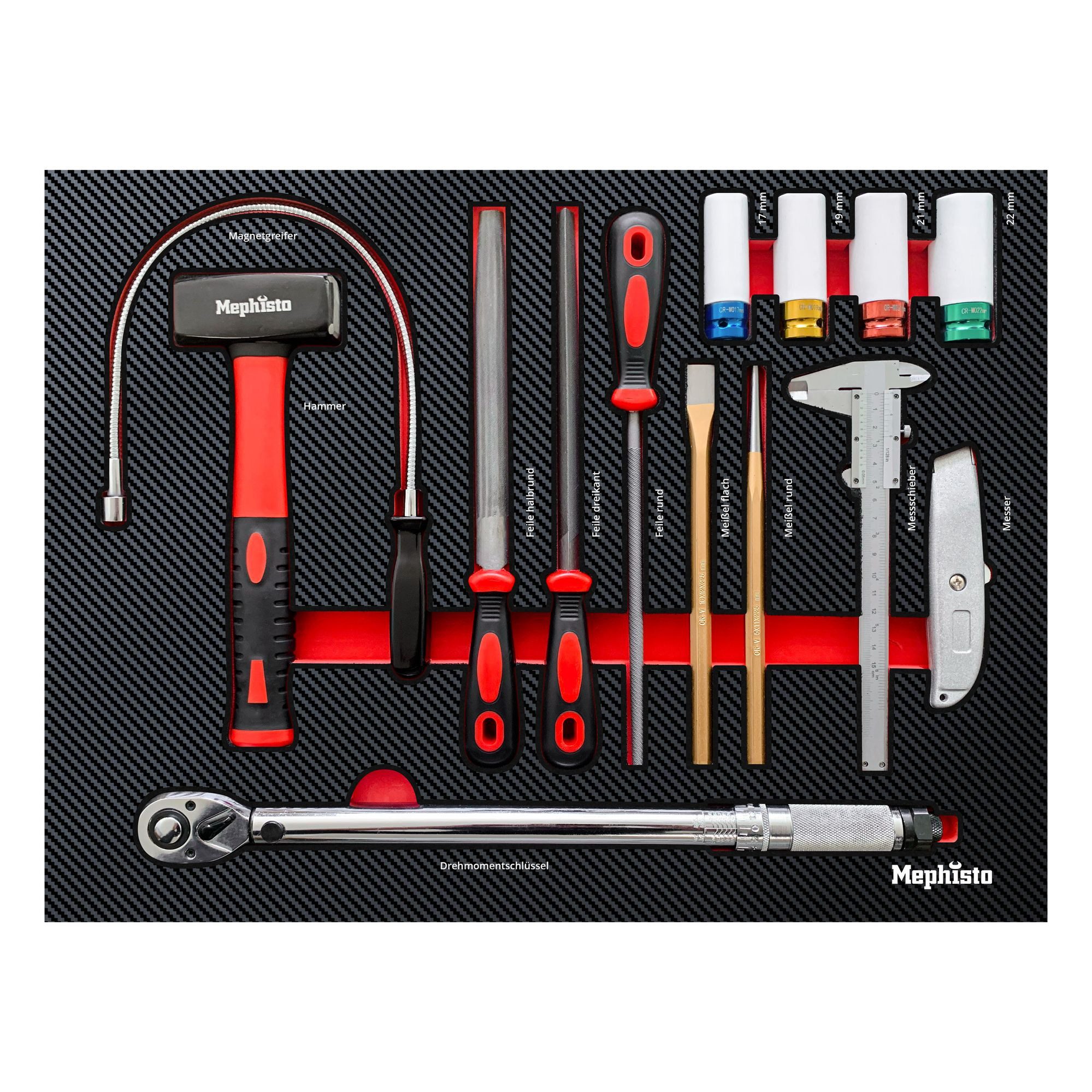Mephisto-Tools Werkzeugset, (Set), metrisch, inkl. Soft Inlay in Carbon-Optik