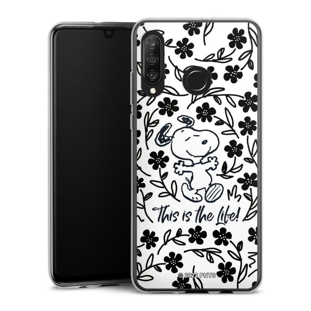 DeinDesign Handyhülle Peanuts Blumen Snoopy Snoopy Black and White This Is The Life, Huawei P30 Lite Premium Silikon Hülle Bumper Case Handy Schutzhülle