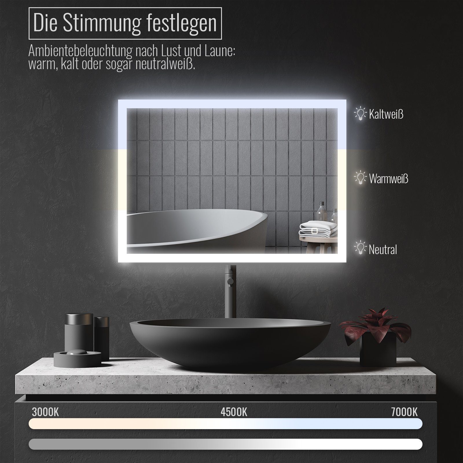 Aquamarin - cm Dimmbar, 3000-7000K, x Beschlagfrei, LED Badspiegel Kalt/Warmweiß 60 Badspiegel 80