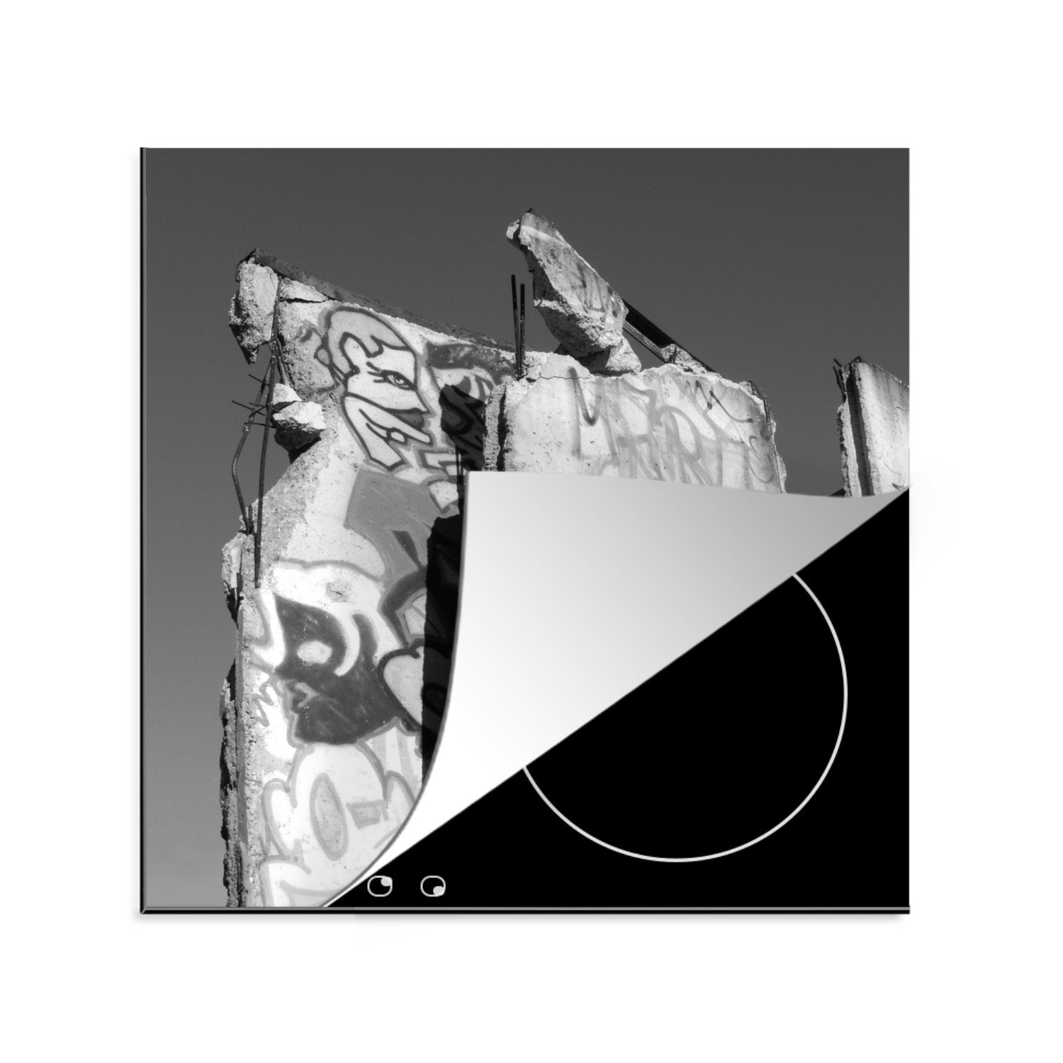 MuchoWow Herdblende-/Abdeckplatte Berlin - Mauer - Schwarz - Weiß, Vinyl, (1 tlg), 78x78 cm, Ceranfeldabdeckung, Arbeitsplatte für küche
