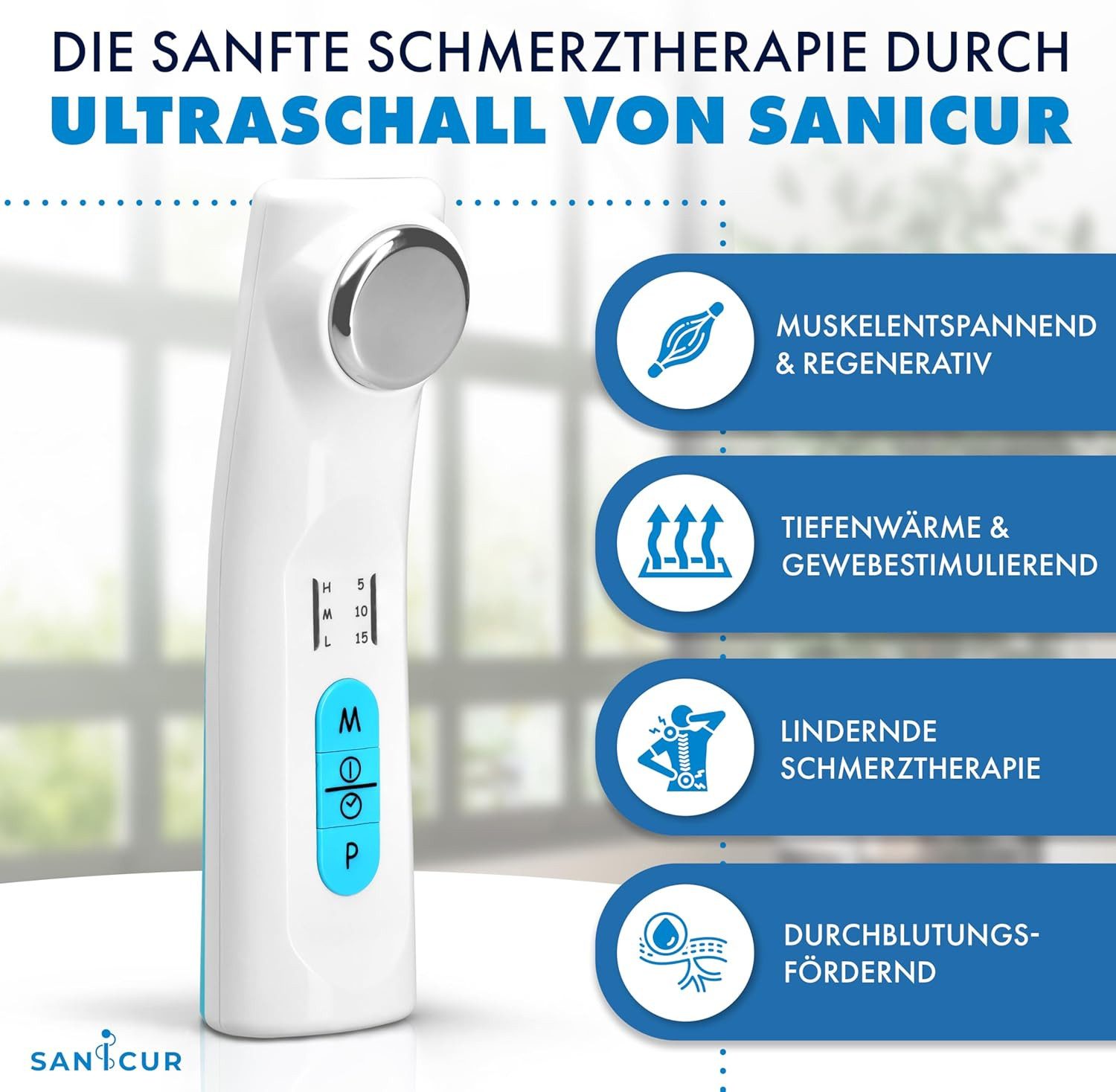 Sanicur Massagegerät Ultraschall-Schmerztherapiegerät mit 3 Intensitätsstufen, Effektiv bei Muskelschmerzen, Arthrose, Zerrungen & Verspannungen