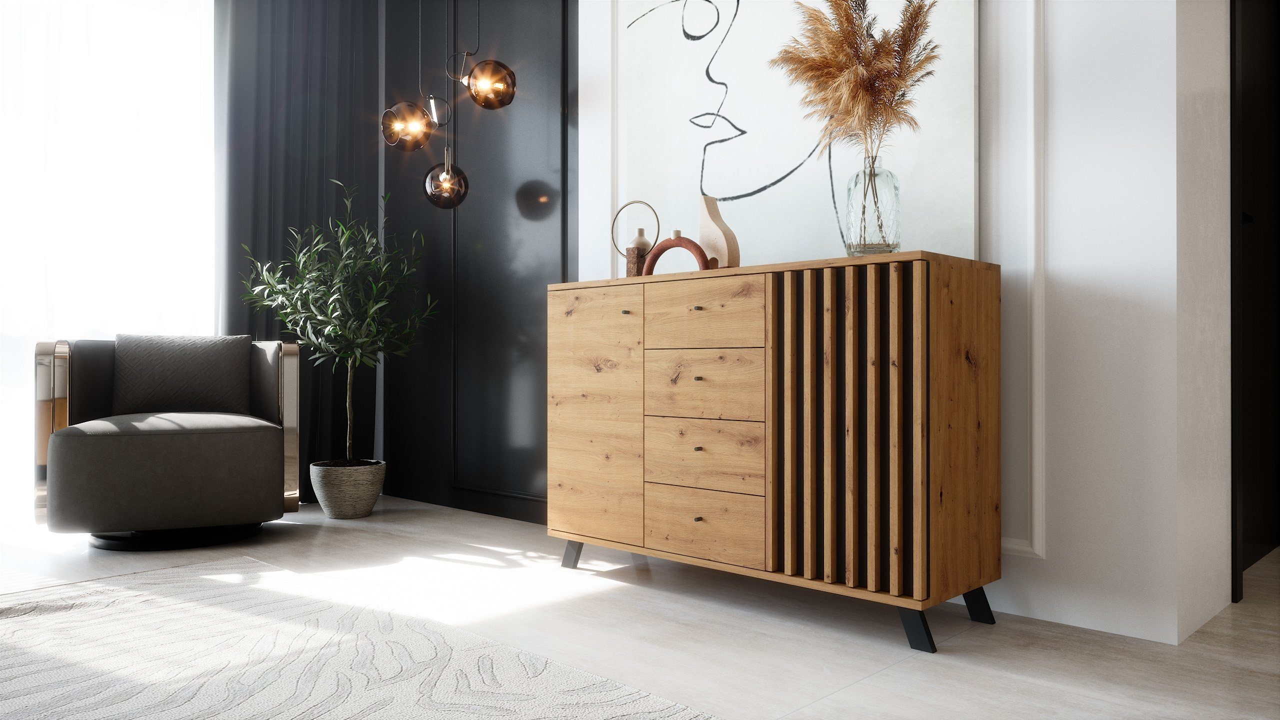 Newroom Sideboard Barea, Wildeiche Sideboard Modern Wandpaneel Vintage Highboard Anrichte