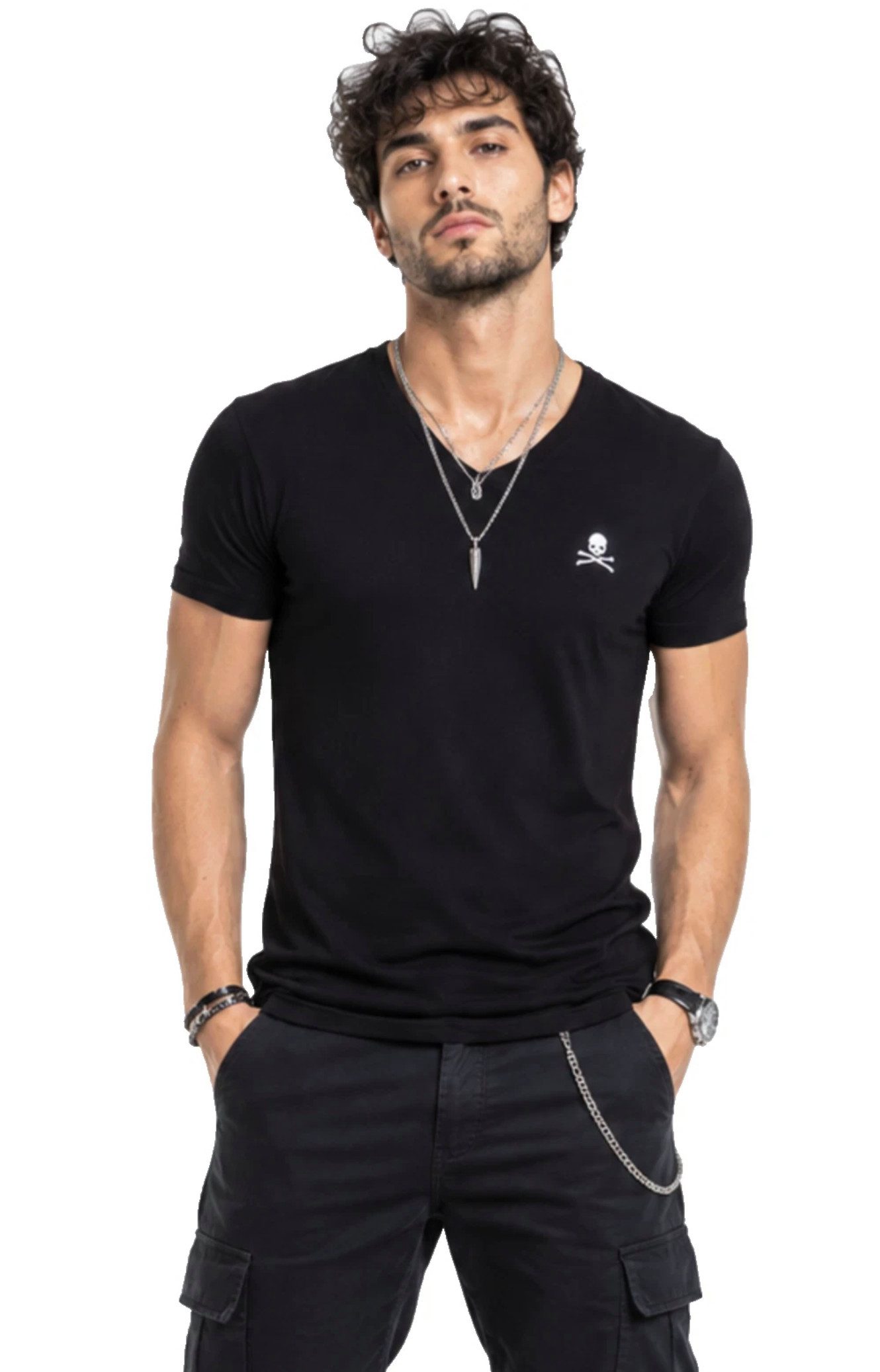 Philip Plein T-Shirt Herren V-Neck Retro Slim fit Stretch Shirt in bedruckter PP Geschenkbox