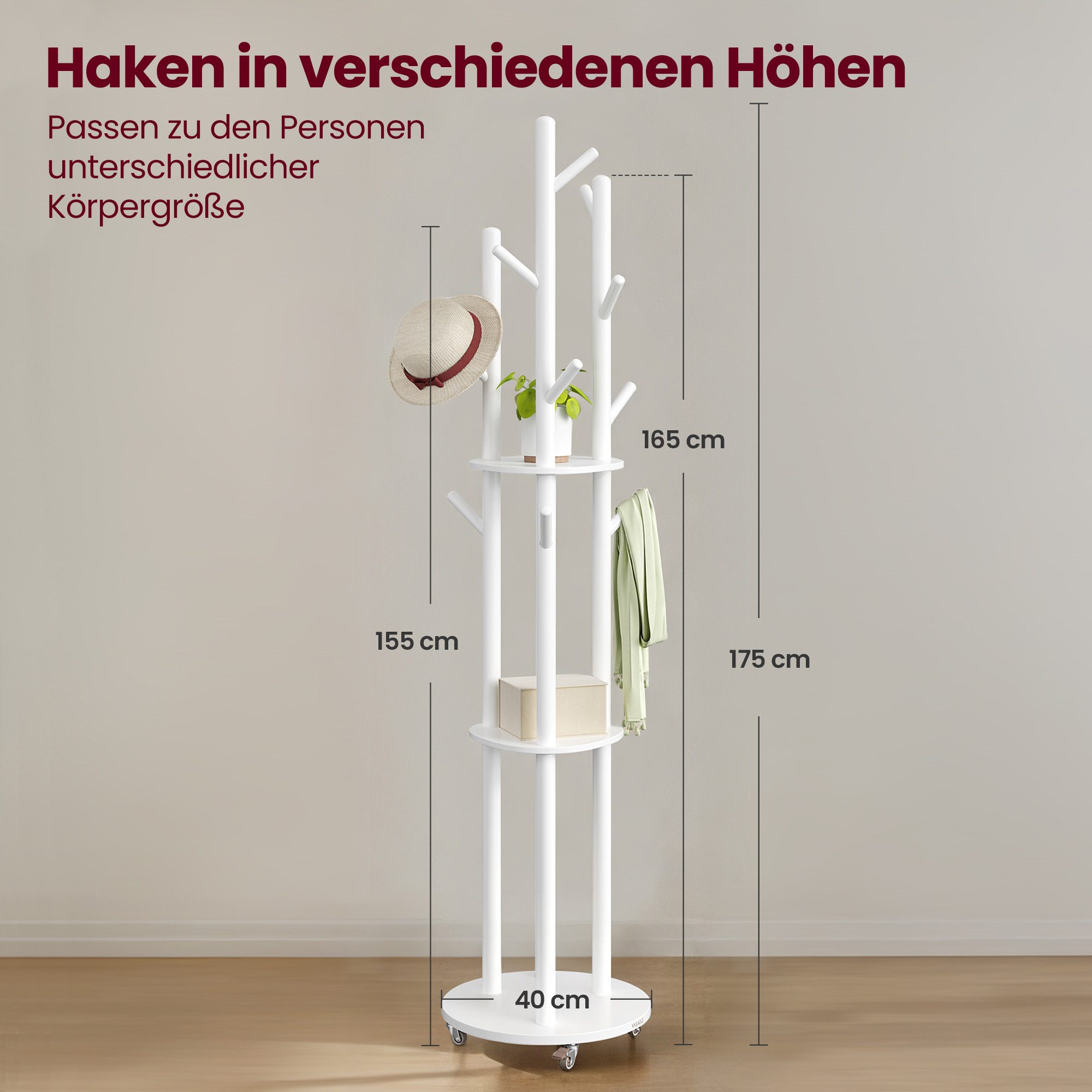 VASAGLE Garderobenständer Kleiderständer, mit 11 Haken und 3 Ablagen, 4 drehbare und abnehmbare Rollen