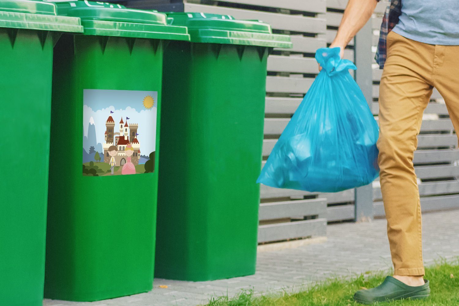MuchoWow Wandsticker Eine Illustration einer einer Mülleimer-aufkleber, Abfalbehälter Sticker, Cartoon-Welt Mülltonne, mit Container, einem St), Prinzen und (1