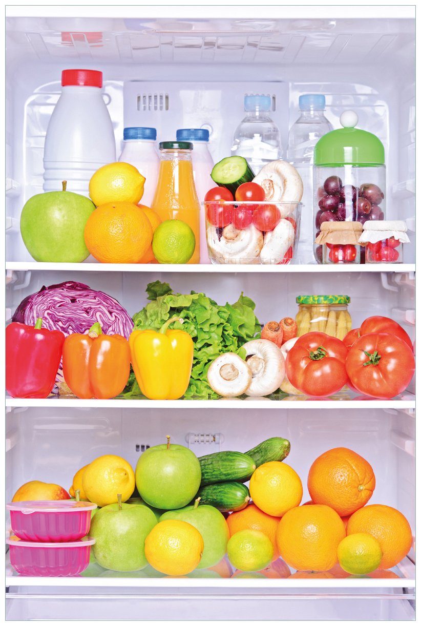 Wallario Wandfolie, Offener gefüllter Kühlschrank, in verschiedenen Ausführungen