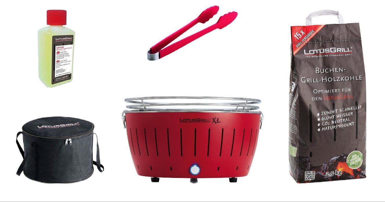 LotusGrill Holzkohlegrill LotusGrill XL Set Feuerrot m. USB Kohle 2,5kg Paste 200ml Zange Tasche