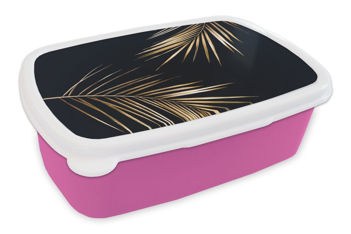 Lunchbox Erwachsene, - Pflanzen Brotdose Schwarz Kunststoff, Mädchen, rosa Blätter Kunststoff - Luxus, (2-tlg), Kinder, MuchoWow - - für Gold Brotbox Snackbox,