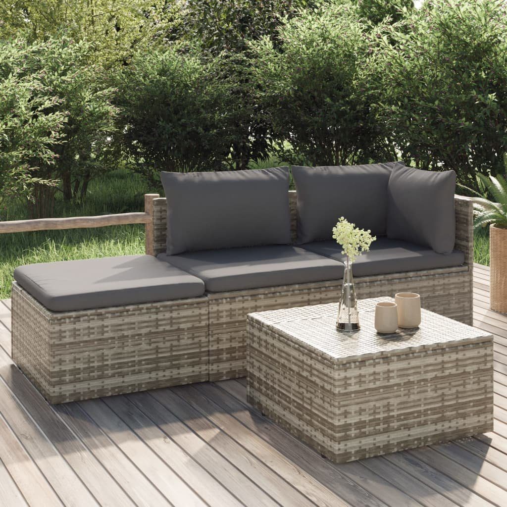 vidaXL Loungesofa 4-tlg. Garten-Lounge-Set mit Kissen Grau Poly Rattan, 1 Teile