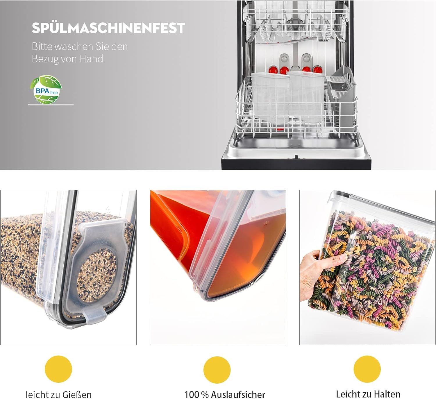 SURFOU Vorratsdose Vorratsdosen mit Deckel Luftdicht Küchen Organizer Frischhaltedosen 4L, Kunststoff, (4er Set Spaghetti-Box–Müslibehälter, Getreidebehälter, M – Bild 4 von 5