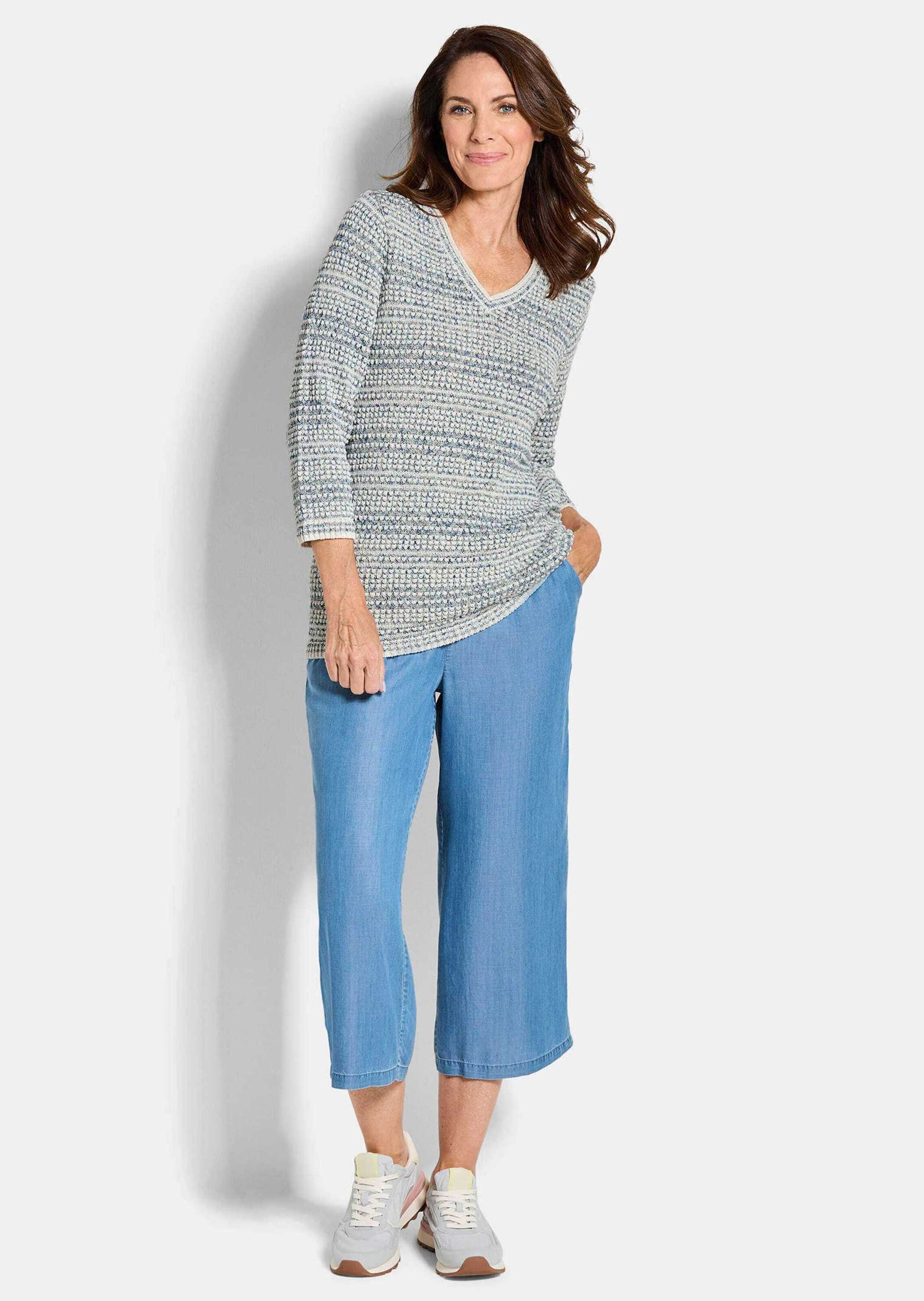 GOLDNER Strickpullover Strukturpullover mit 3D-Effekt Sweatshirt mit V-Ausschnitt und 3/4-Ärmeln