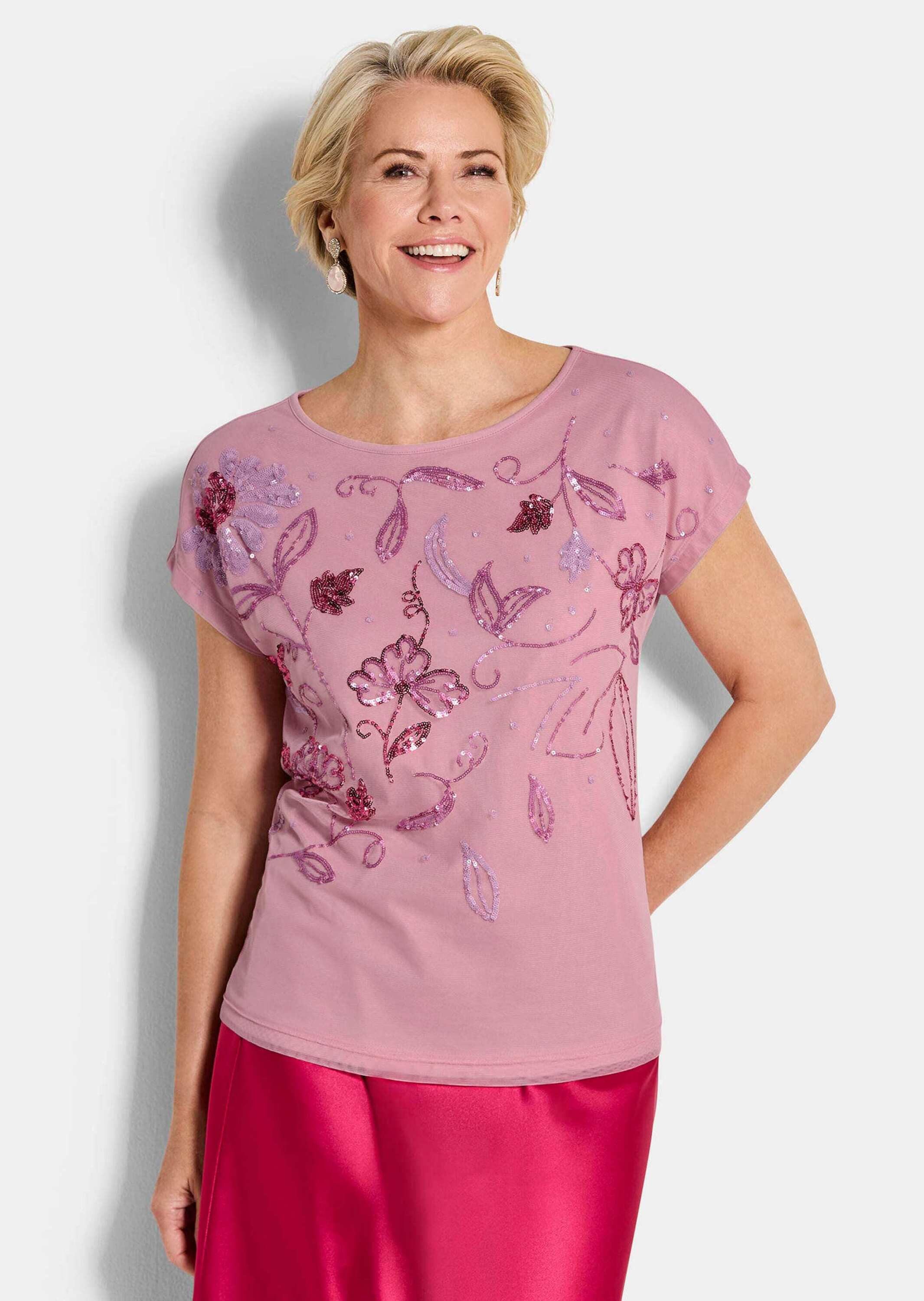 GOLDNER T-Shirt Kurzgröße: Blusenshirt mit Pailletten Glanzshirt mit U-Boot-Ausschnitt und ohne Arm