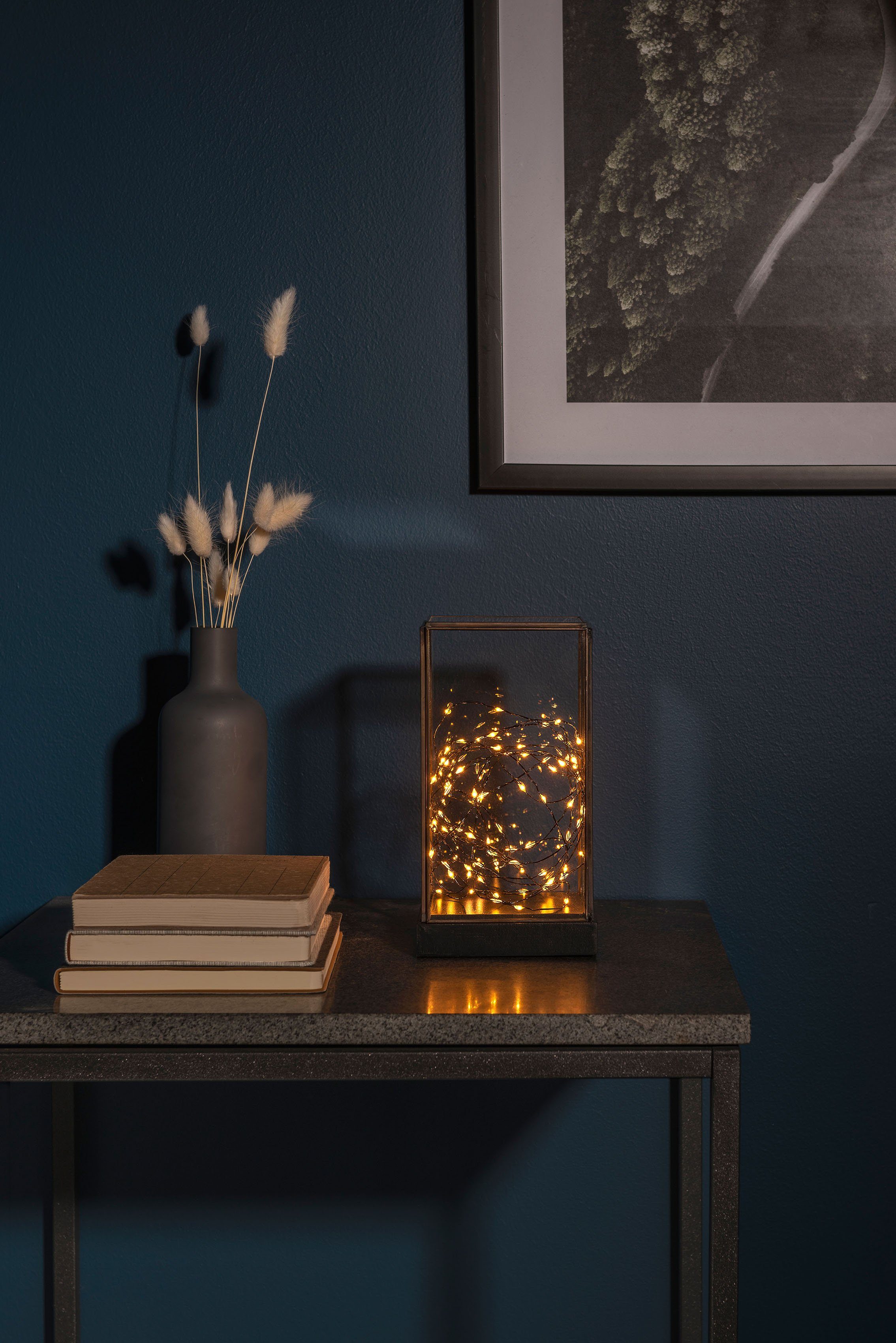 LED Glaslaterne KONSTSMIDE rechteckig fest LED Weihnachtsdeko, LED schwarzem mit Laterne Holzfundament integriert,