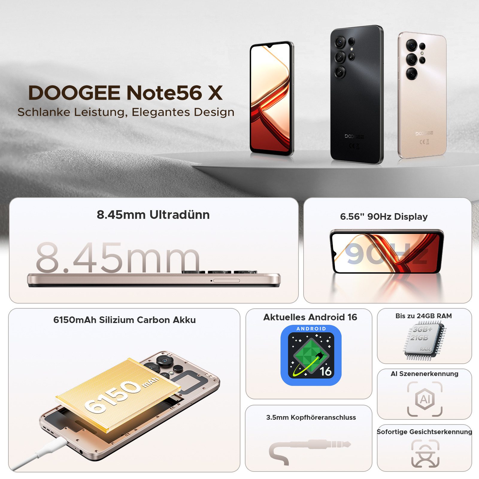 DOOGEE Note 56X Android 16 Smartphone, 6.56" HD, 90Hz, 6150mAh Smartphone (6.56 Zoll, 64 GB Speicherplatz, 8 MP Kamera, Octa Core, 8,45mm dünn, 64GB ROM/2TB TF, Dual SIM, Face ID/GPS/OTG)