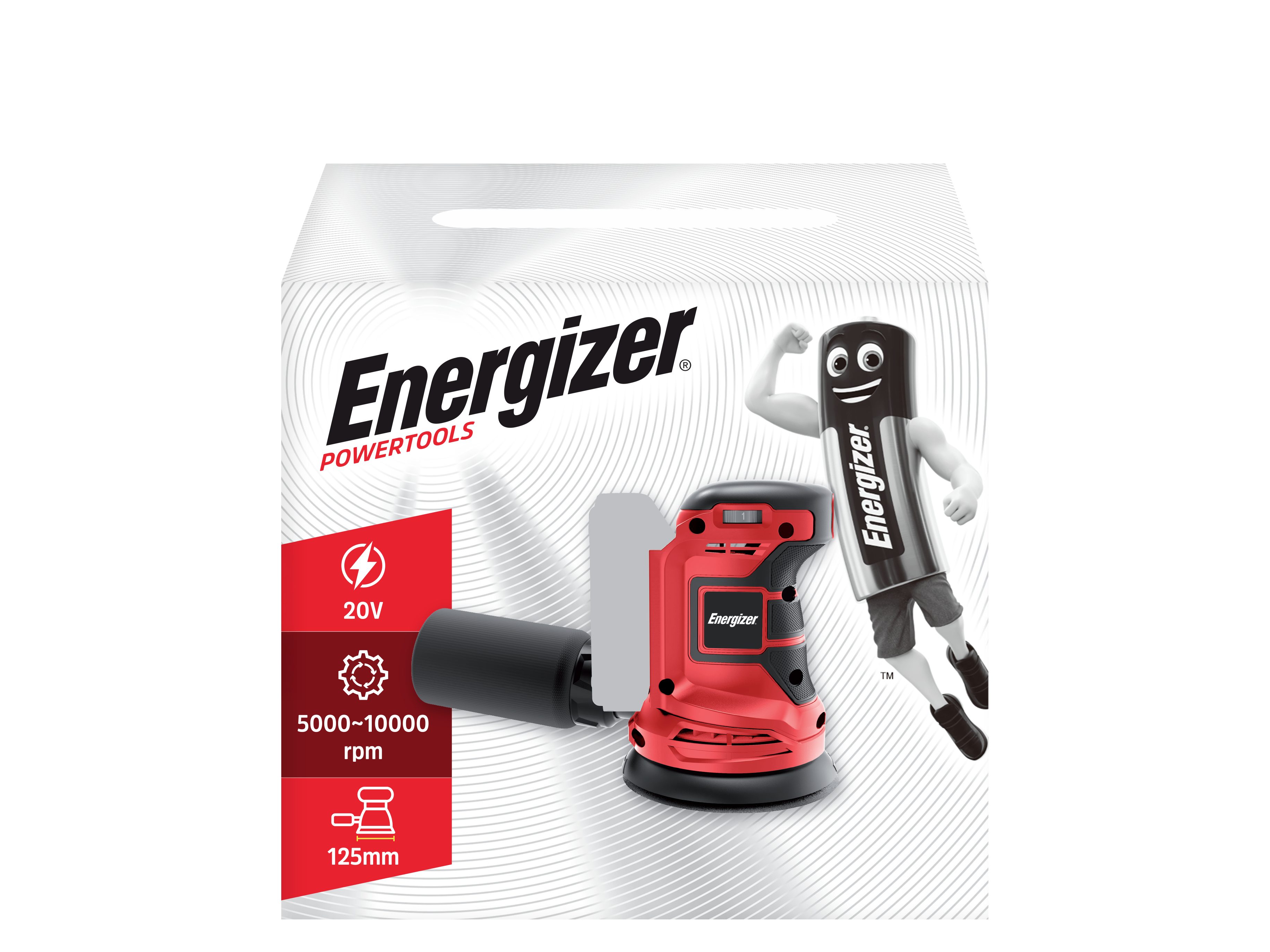 Energizer Band-Tellerschleifer 20V Akku Exzenterschleifer, Staubfangbeutel, Soft-Grip-Griff