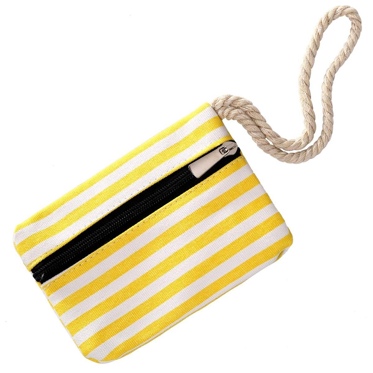 Shopper Reißverschluss, (2-tlg), DonDon inkl. gestreift 1 Beutel wasserabweisende mit Große kleinem Tasche gelb-weiß Strandtasche Strandtasche,