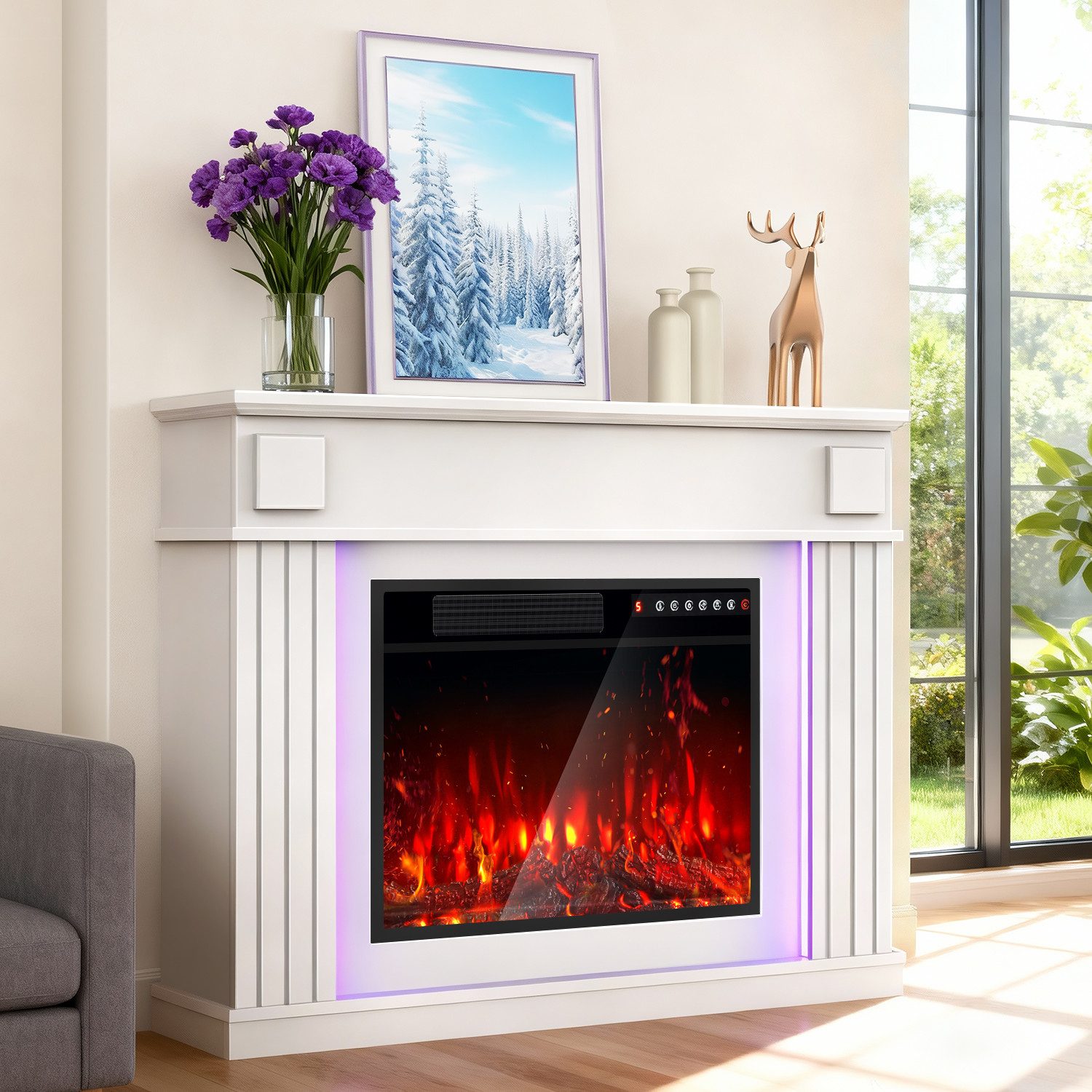 kehot Elektrokamin Elektrokamin mit LED-Lichtband, 23inch Realistischer 3D Flammeneffekt, Erwärmungsfreistehender Elektrischer Kamin mit Timer, Fernbedienung