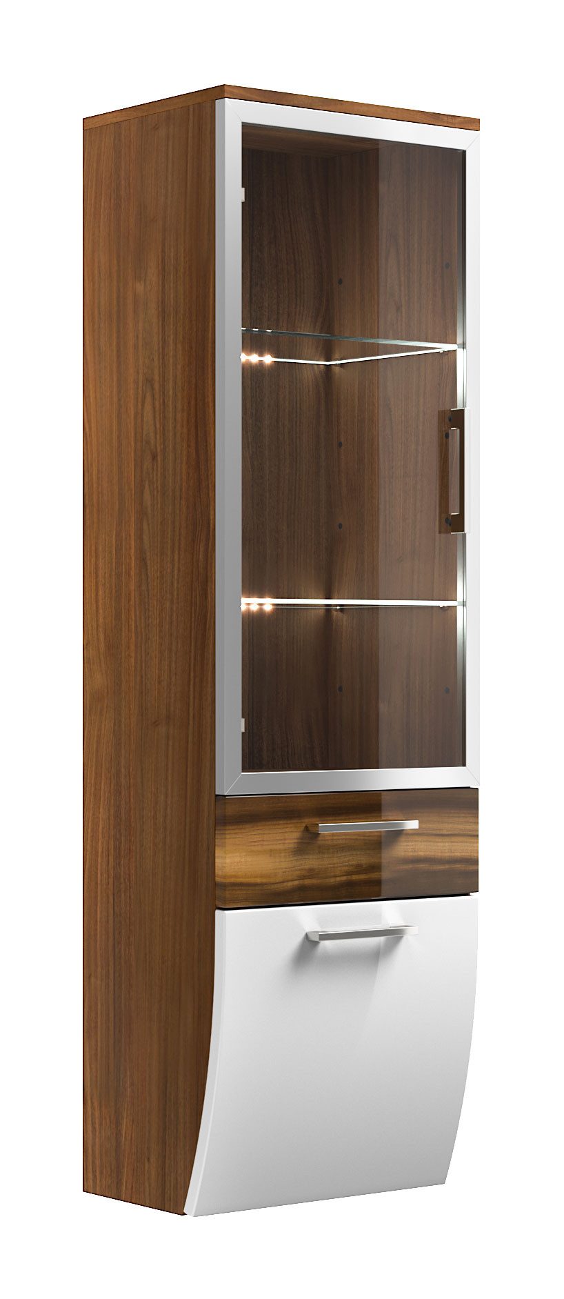 Magnolia Home Badmöbel-Set Hochschrank Rima 135 cm mit Glastür rund Weiss hochglanz/Walnuss hochg, Soft-Close