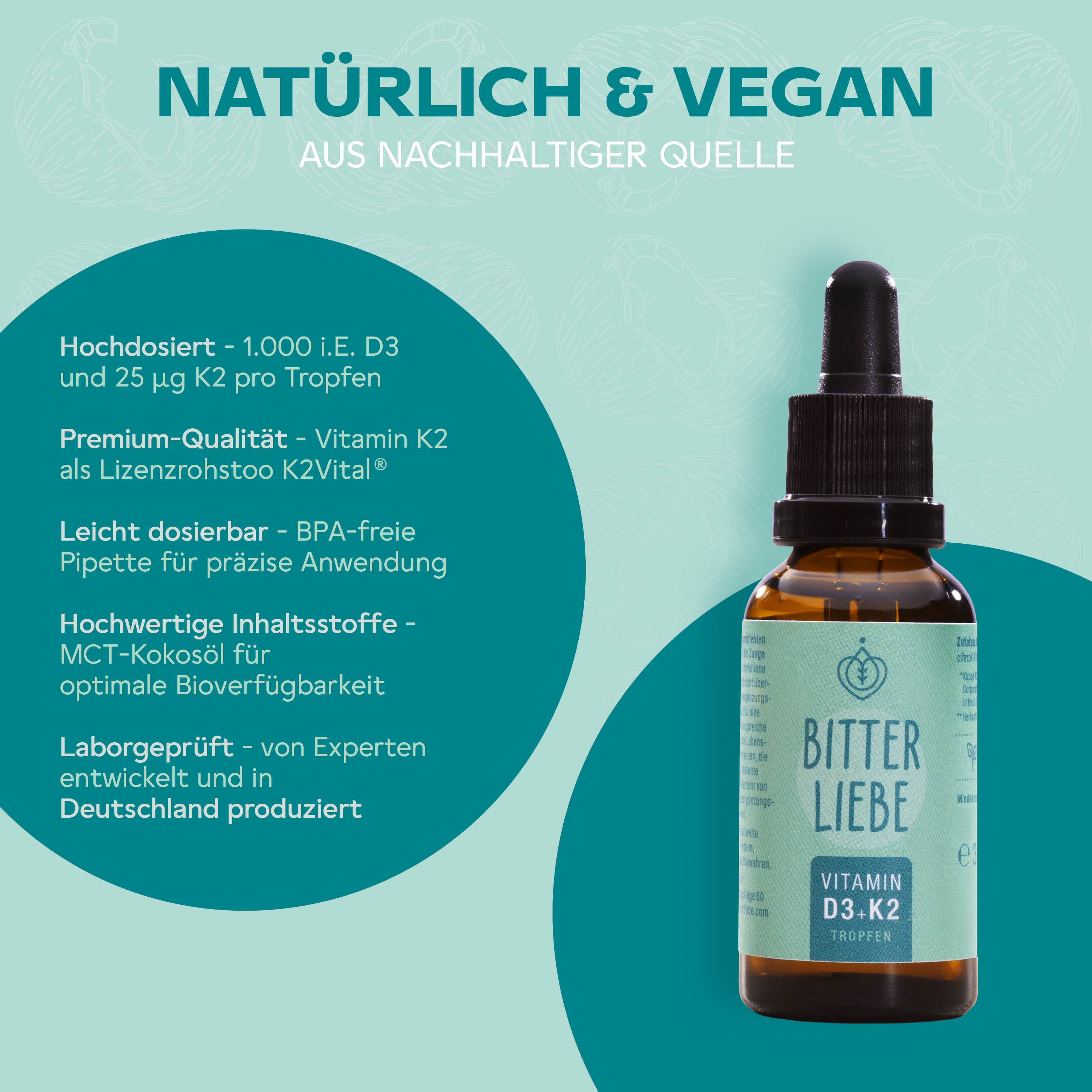 BitterLIebe - Vitamin D3 K2 Tropfen - hochdosiert - starke Knochen & Immunsystem - Tropfen