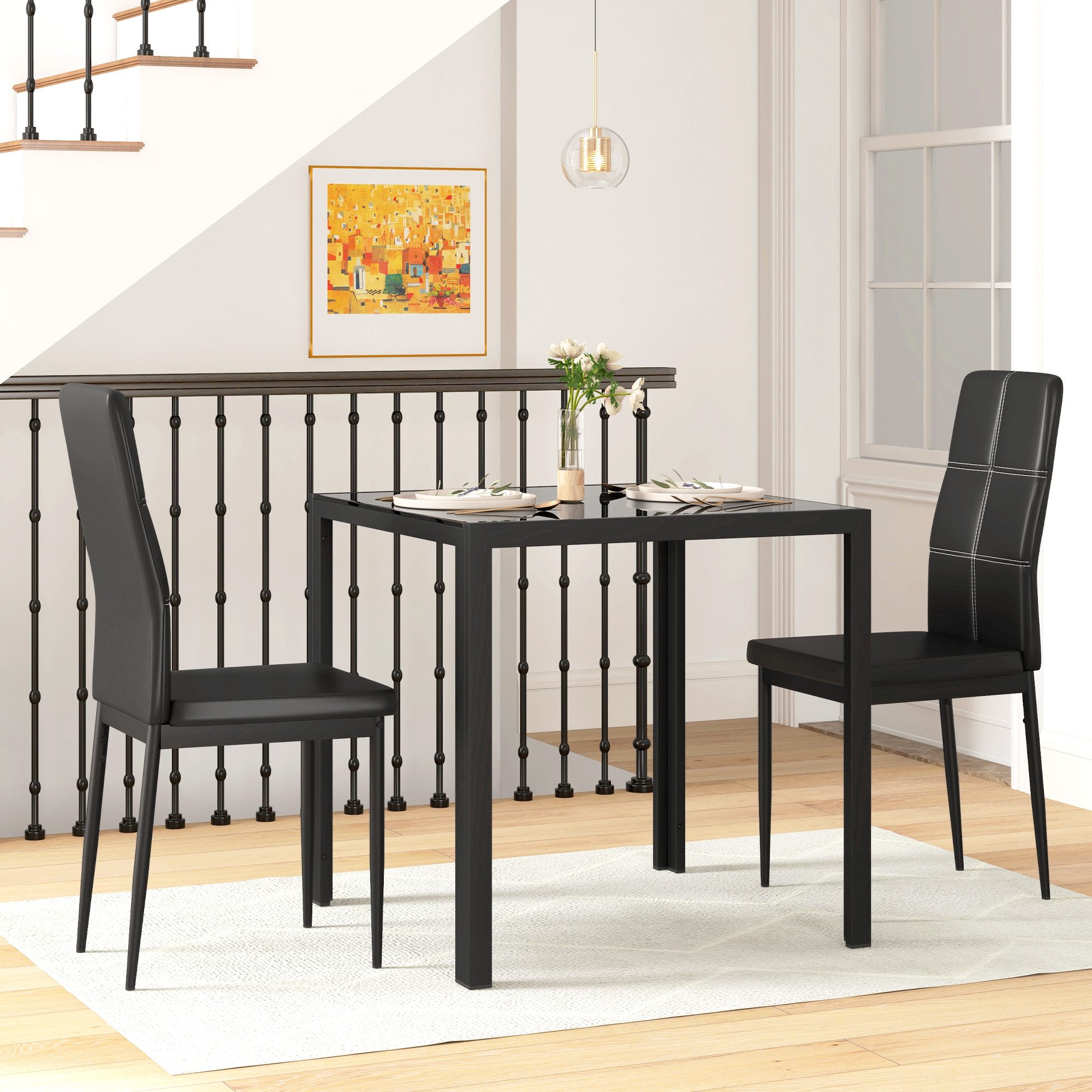 HOMCOM Essgruppe mit Glas-Tischplatte, (Esstisch mit 2 Stühlen, 3-tlg., pla günstig online kaufen