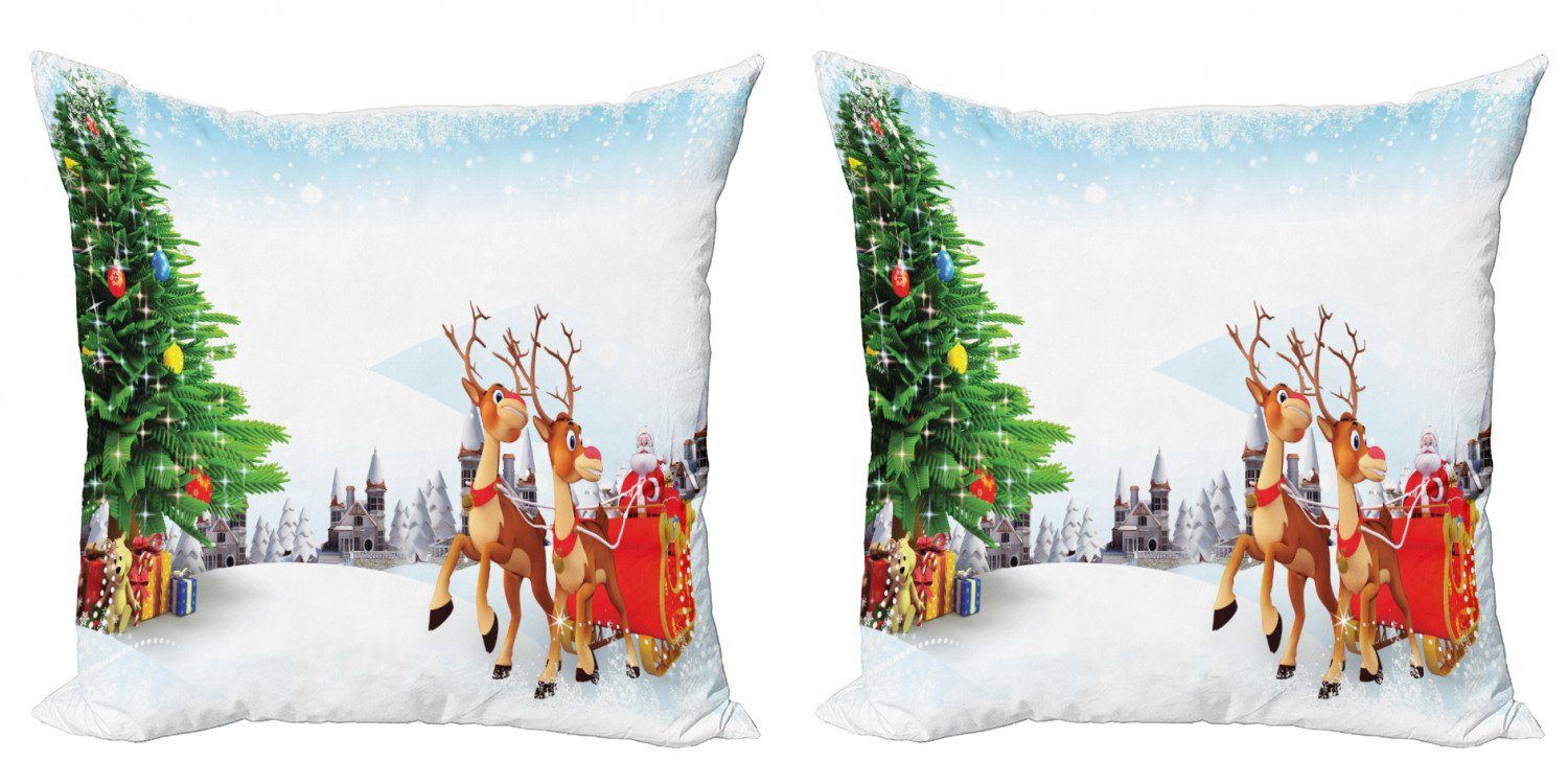 Kissenbezüge Modern Accent Doppelseitiger Digitaldruck, Abakuhaus (2 Stück), Weihnachtsmann Snowy Dorf Sleigh Baum