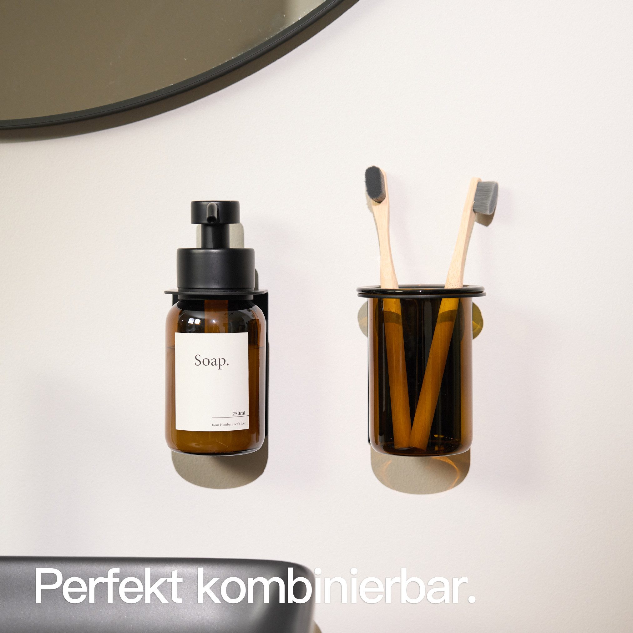 Designfabrik Hamburg Zahnbürstenhalter Glas Wandmontage ohne Bohren, pulverbeschichtet, Glas – Bild 5 von 5