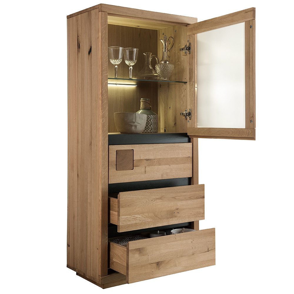 Lomadox Highboard WINCHESTER-69, Standvitrine Schrank 65 cm Eiche massiv geölt Hirnholz-Detail