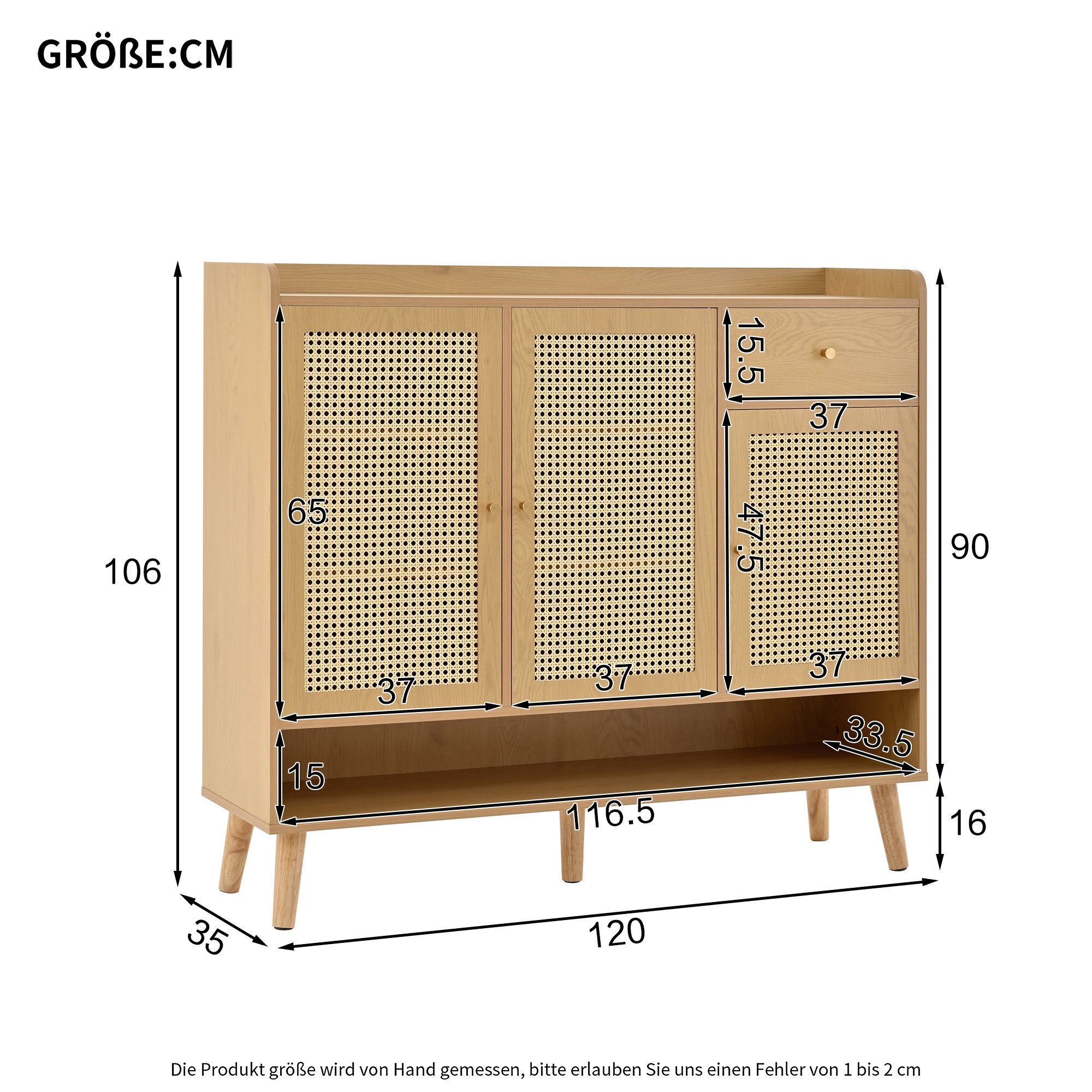 Merax Schuhschrank Rattan Schuhkommode (1-St., Schuhablage mit Holzgriffen) mit 3 Türen, 1 Schublade, Offenes Schuhregal, Massivholzbeinen, Natur – Bild 4 von 5