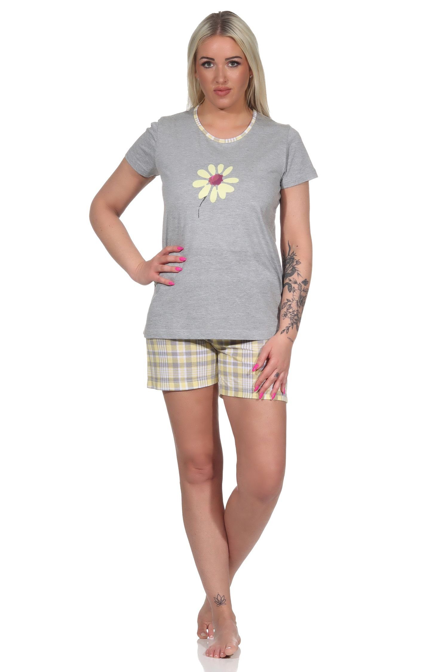 Normann Pyjama Sommerlicher Damen Pyjama, kurzarm Shorty mit Font-Print - 112 10 733 gelb