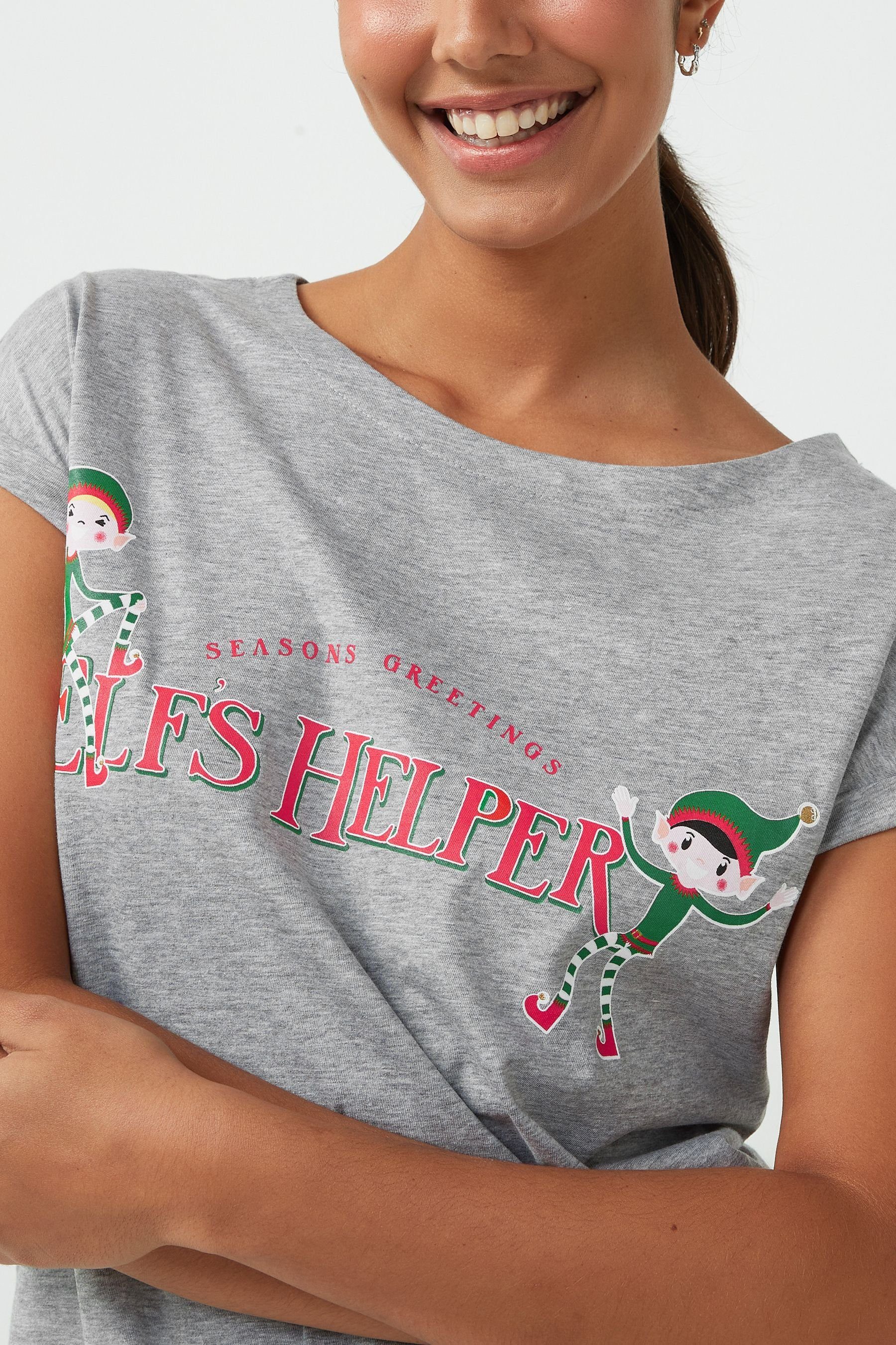 (1-tlg) Christmas Saum mit T-Shirt T-Shirt Grey geschwungenem Next Elf