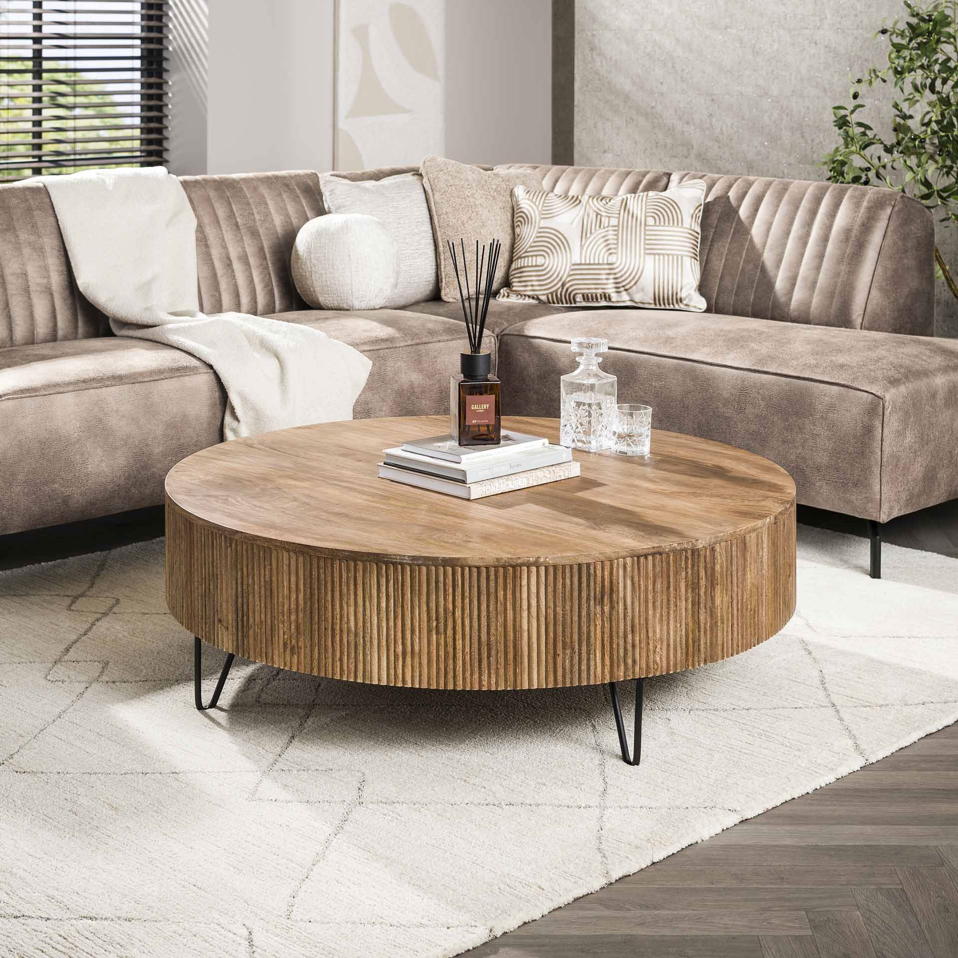 Maison ESTO Couchtisch Loungetisch LAWELL rund Ø 120 cm Mango Holz sandfarben, Höhe 38 cm
