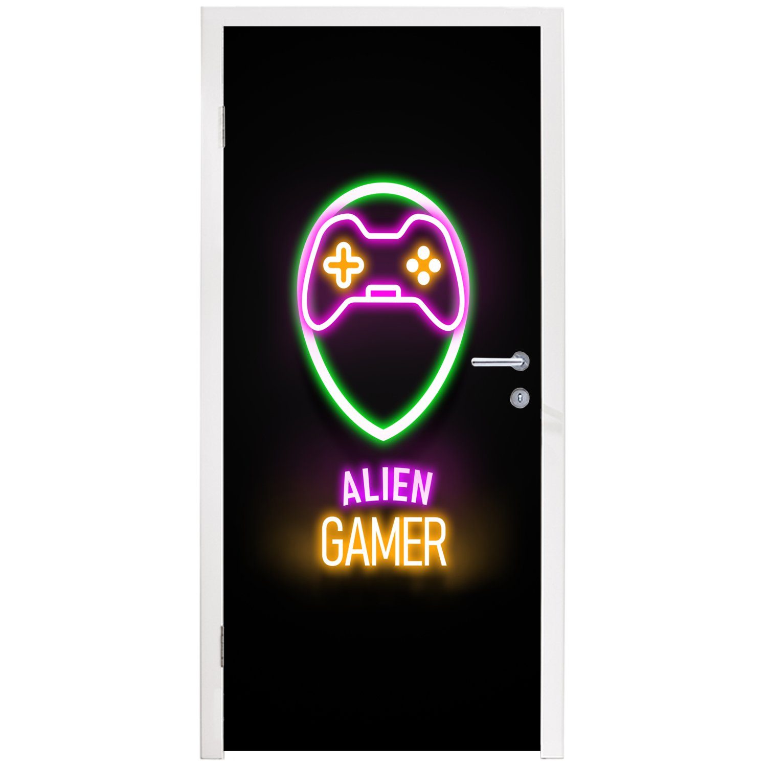Alien-Gamer - Tür, Controller, cm Neon (1 Gaming Türtapete bedruckt, - für Matt, St), MuchoWow 75x205 - Türaufkleber, Zitate - Fototapete