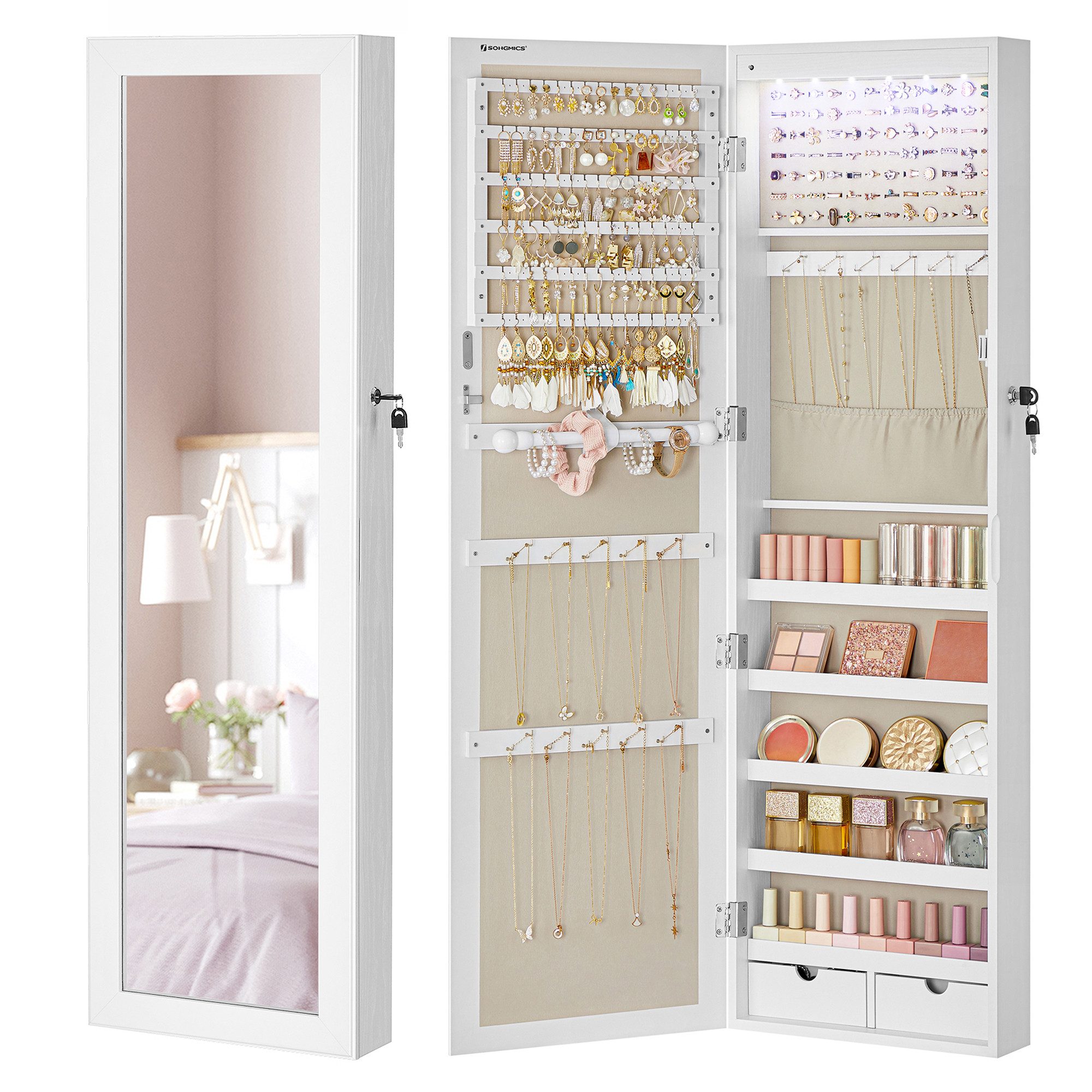 SONGMICS Schmuckschrank Spiegelschrank Wandspiegel Schmuck-Organizer mit LE günstig online kaufen
