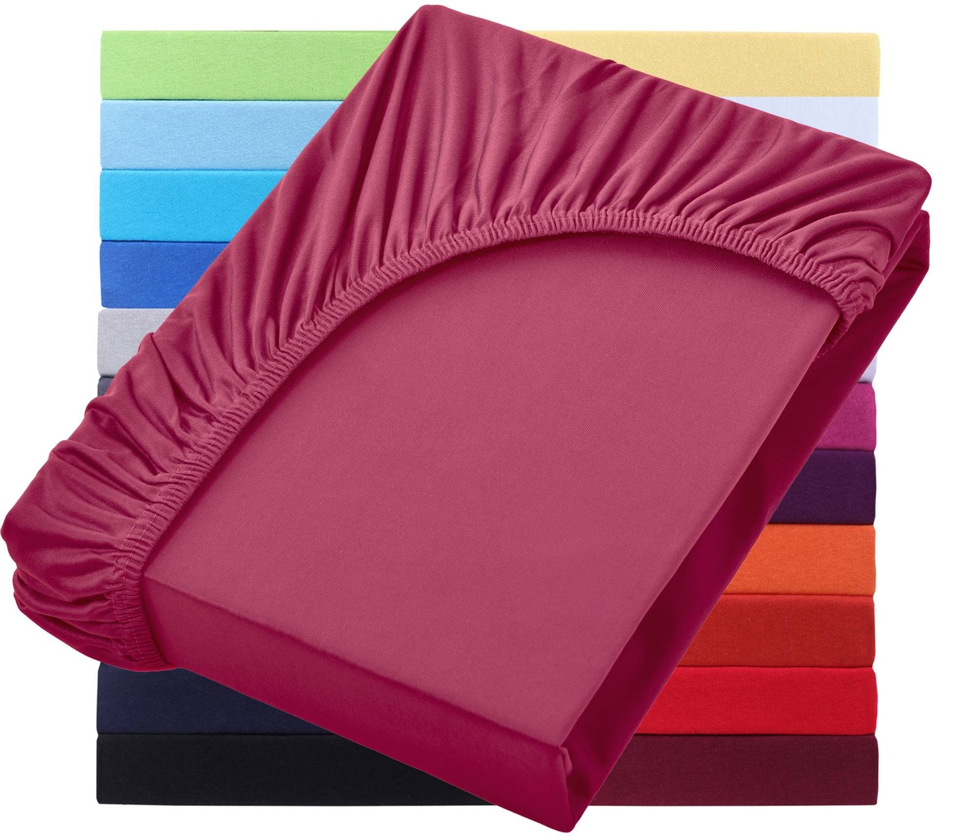 NatureMark Spannbettlaken Jersey Basic Spannbetttuch, 100% Baumwolle, Gummizug: rundum, (1 Stück), in vielen Größen und Farben, bis 25cm Steghöhe, 90x200cm, Bordeaux