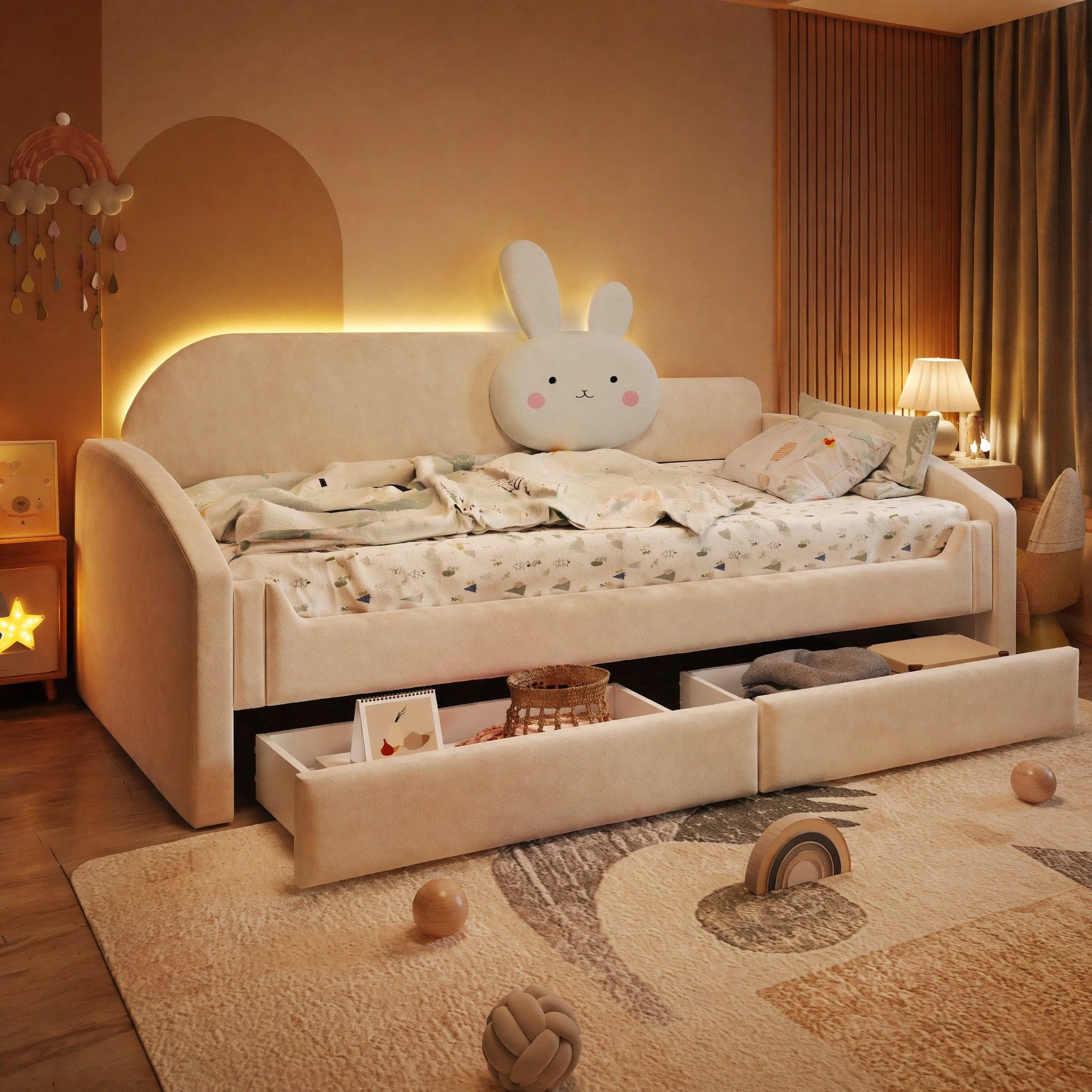 OKWISH Schlafsofa Kinderbett Polsterbett, aus Samtstoff mit LED-Beleuchtung, Stauraumfunktion und Rückenlehne mit Hasenkissen, gepolsterten Armlehnen 90x200cm, ohne Matratze