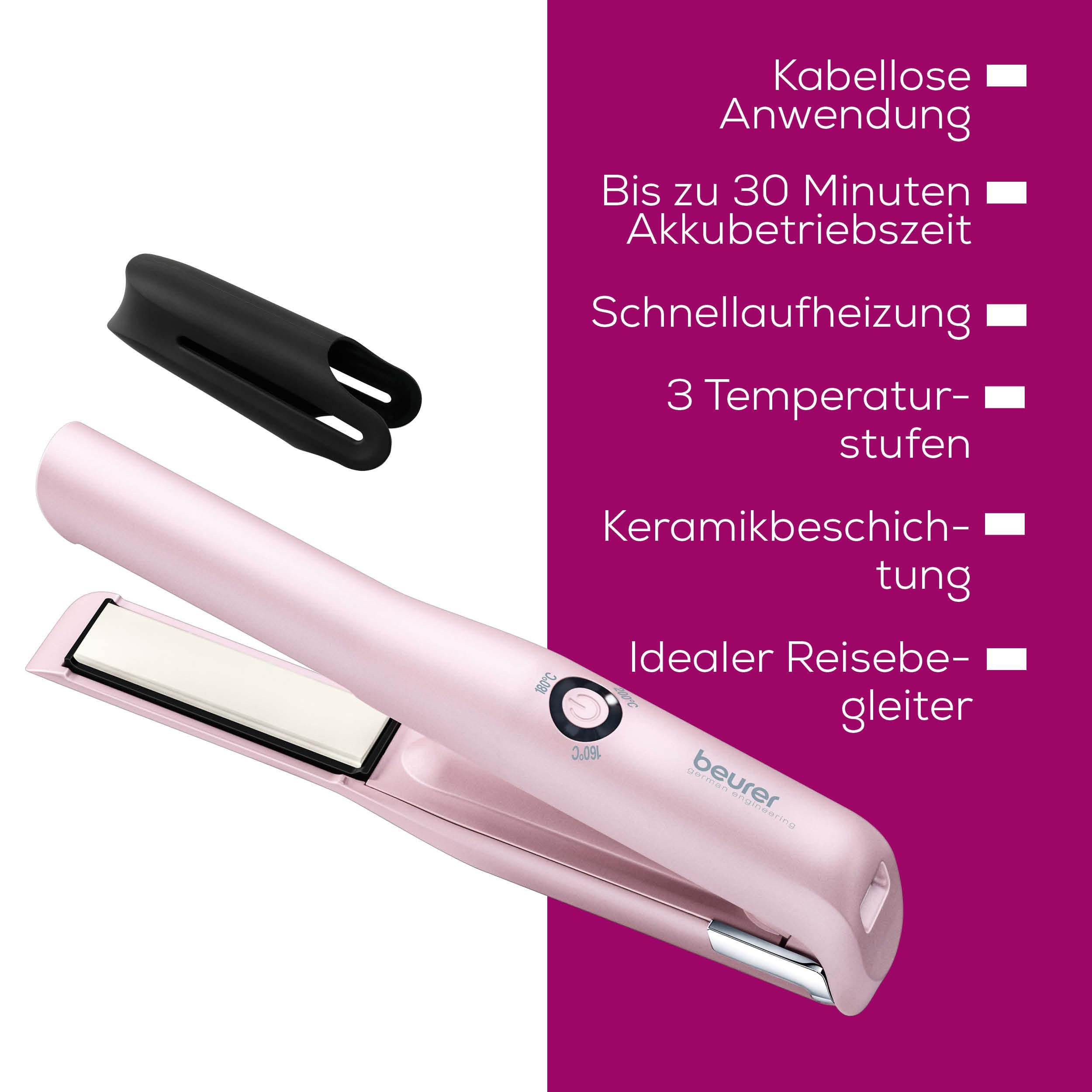 BEURER Glätteisen HS 20 Akku-Glätteisen to go, kabellose Anwendung für 30 Minuten Keramik-Turmalin-Beschichtung, 3 Temperaturstufen (160, 180, 200°C), inkl. Schutzkappe und USB-Kabel