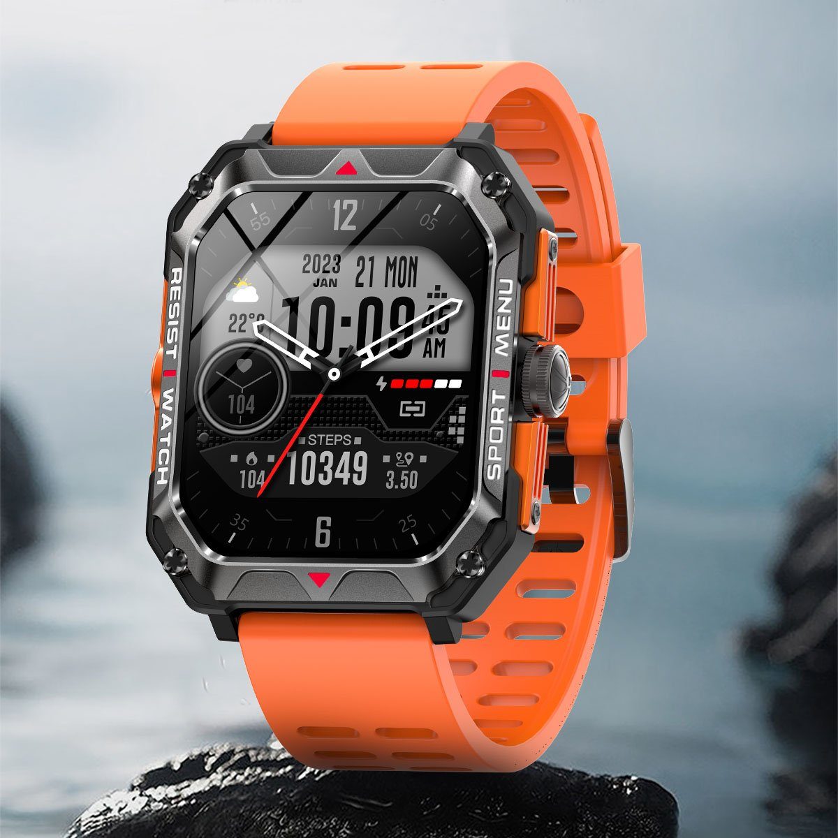 7Magic Smartwatch Herren Damen mit Telefonfunktion 2,02” Touchscreen Smartwatch (2.02 Zoll), IP68 Wasserdicht Sportuhr Outdoor Fitness Tracker, Schlafmonito Orange