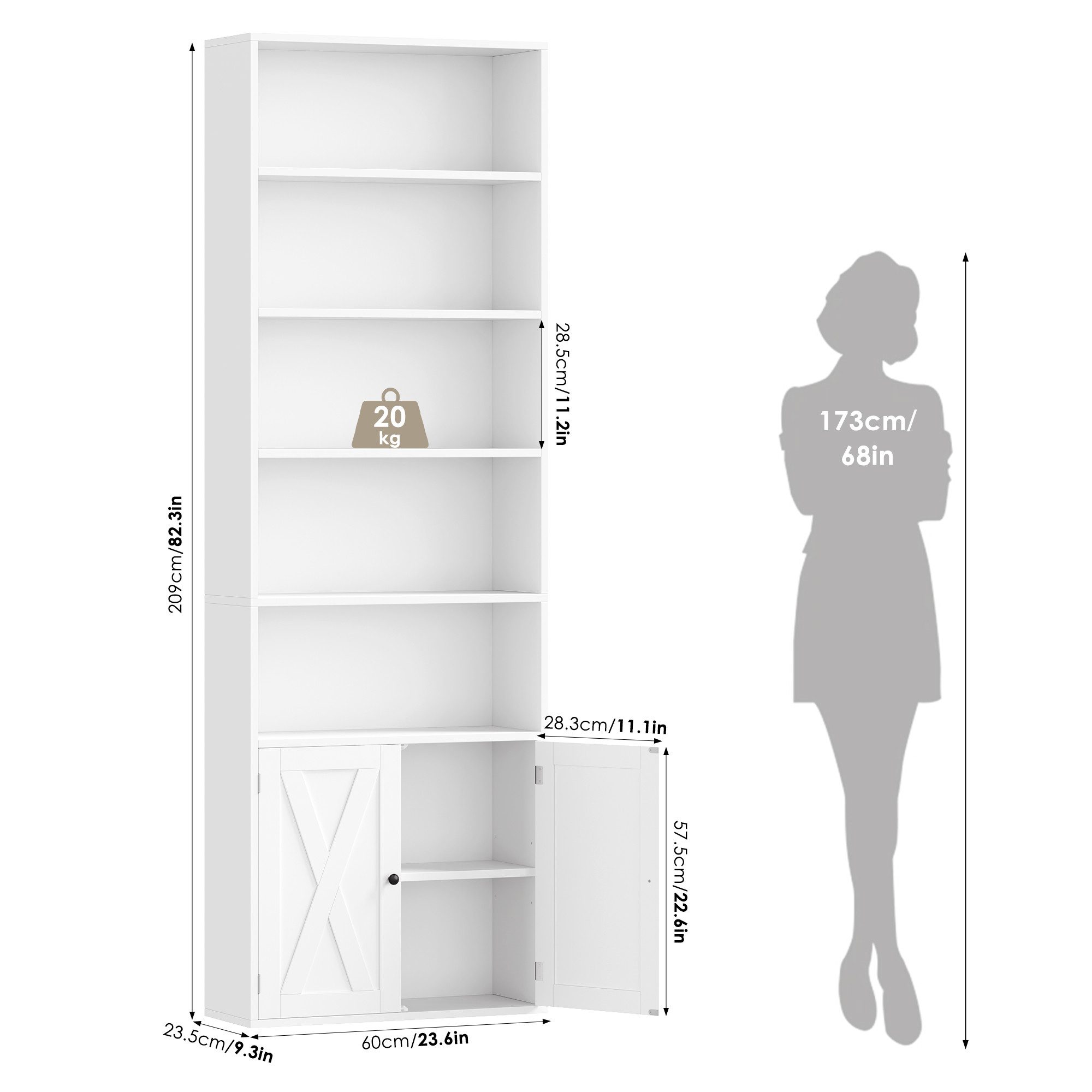 Homfa Bücherregal Standregal Büroregal Bücherschrank, mit 5 offenen Fächern und 2 Türen, verstellbares Regal, 60x23,5x209cm