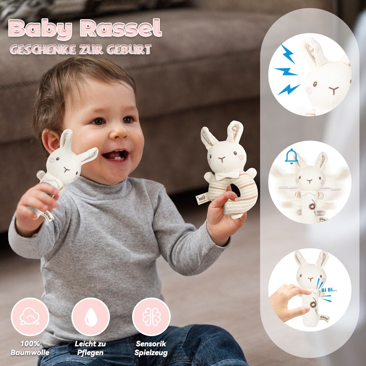 Esun Neugeborenen-Geschenkset Geschenke zur Geburt Junge, Baby Geschenk Rassel (Baby Geschenk 6-in-1-Set Rassel) Lätzchen, Beißring Bälle, Beißröhrchen, Kuscheltier