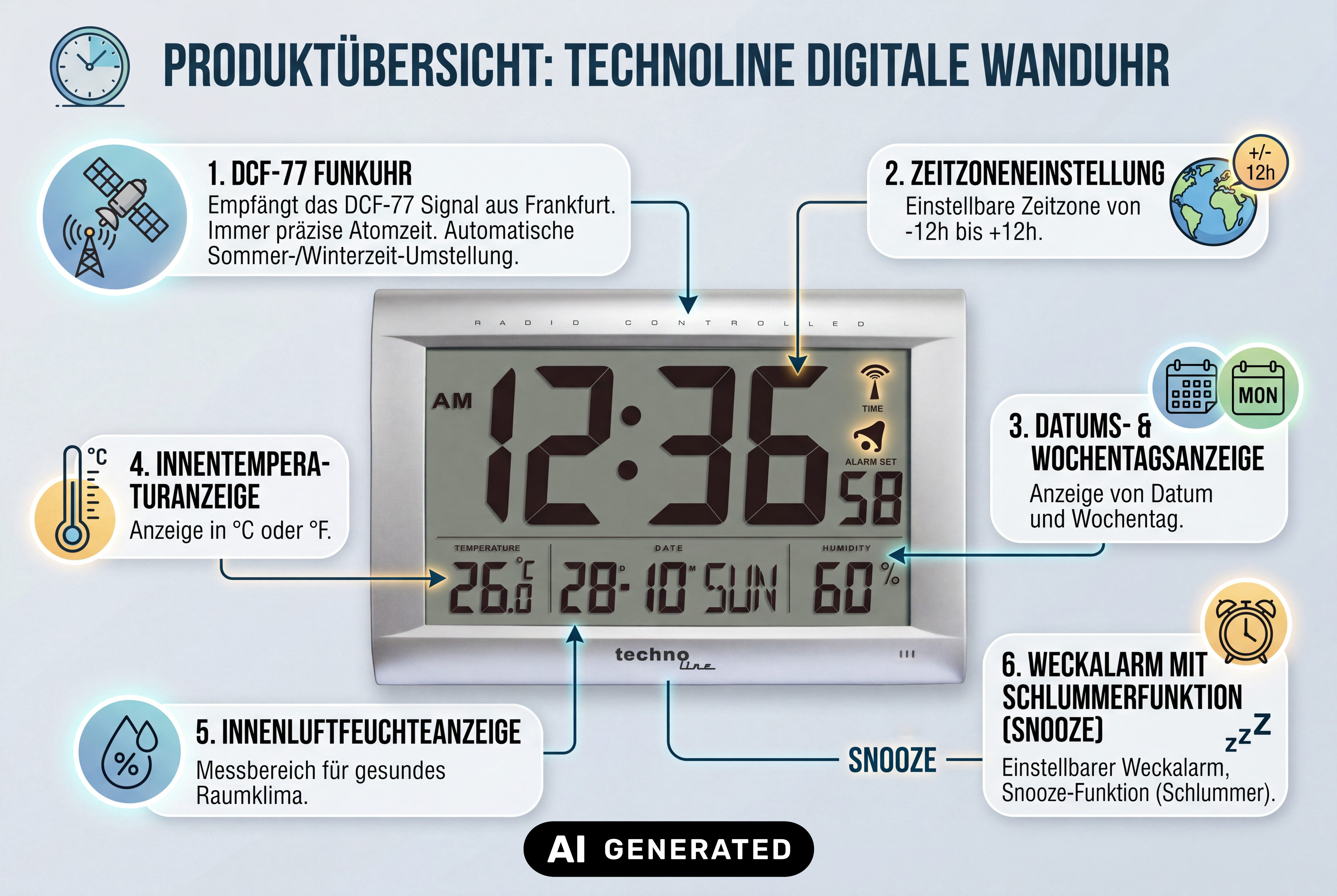 technoline Funkwanduhr WS 8009 (mit Jumbo-LCD Anzeige)