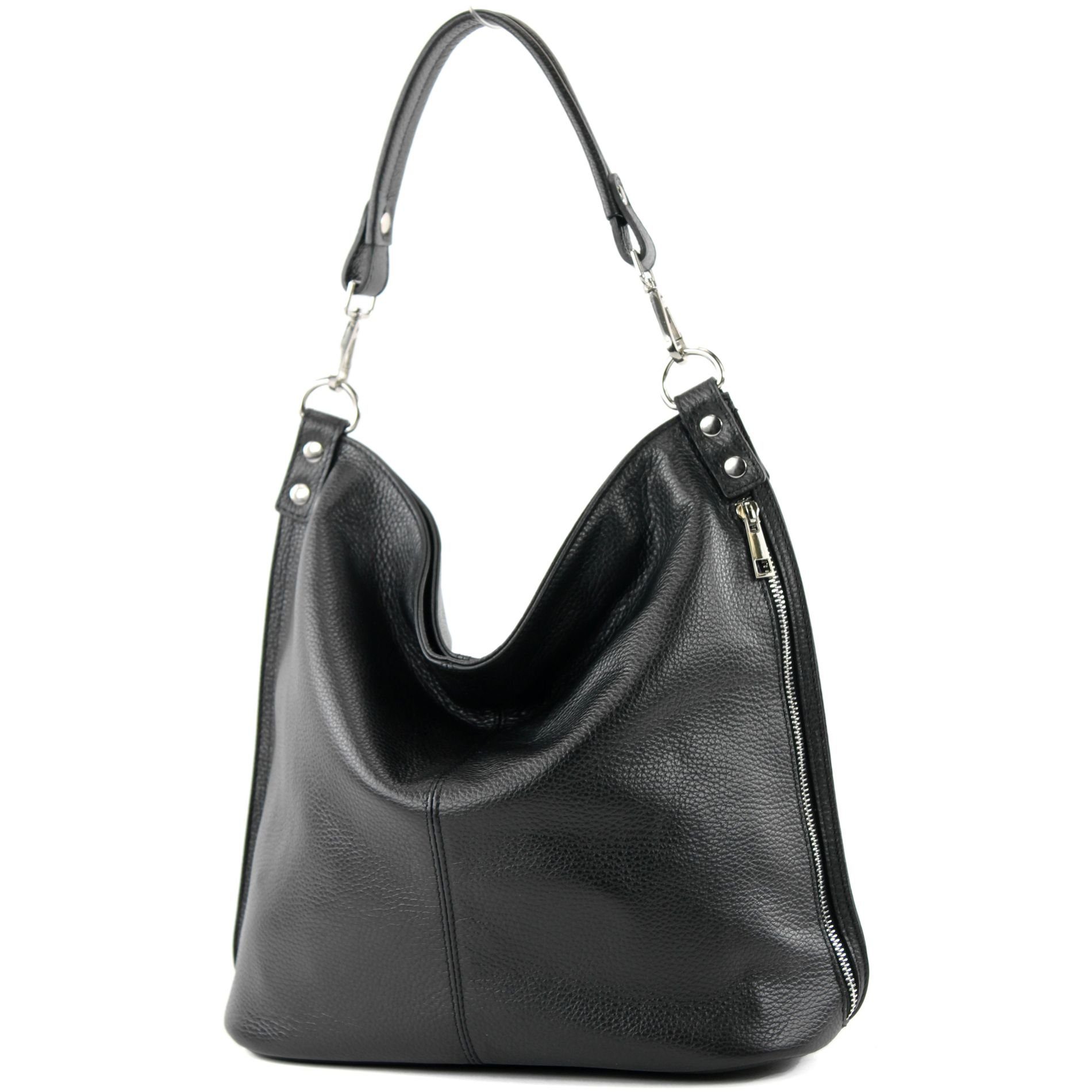 modamoda de Schultertasche T177, Echtleder Handmade in Italy Schwarz